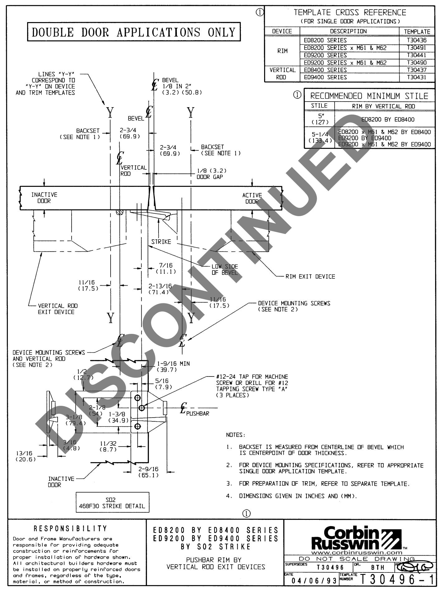 Corbin Russwin ED8200 and ED8400 Series Double Door Applications w, S02 Strike Template_T30496 diagram on page 1