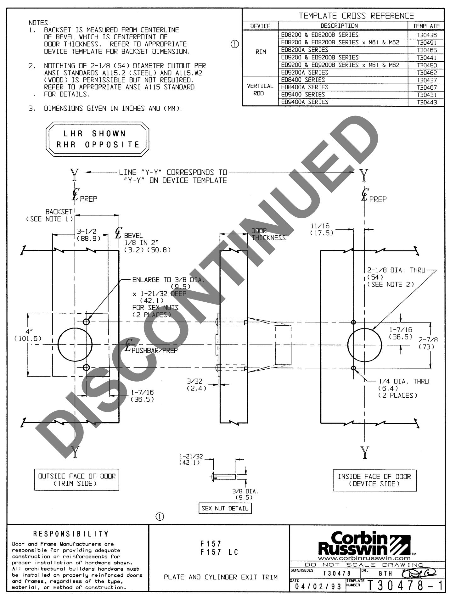 Corbin Russwin F157 and F157LC Trim Template_T30478 diagram on page 1