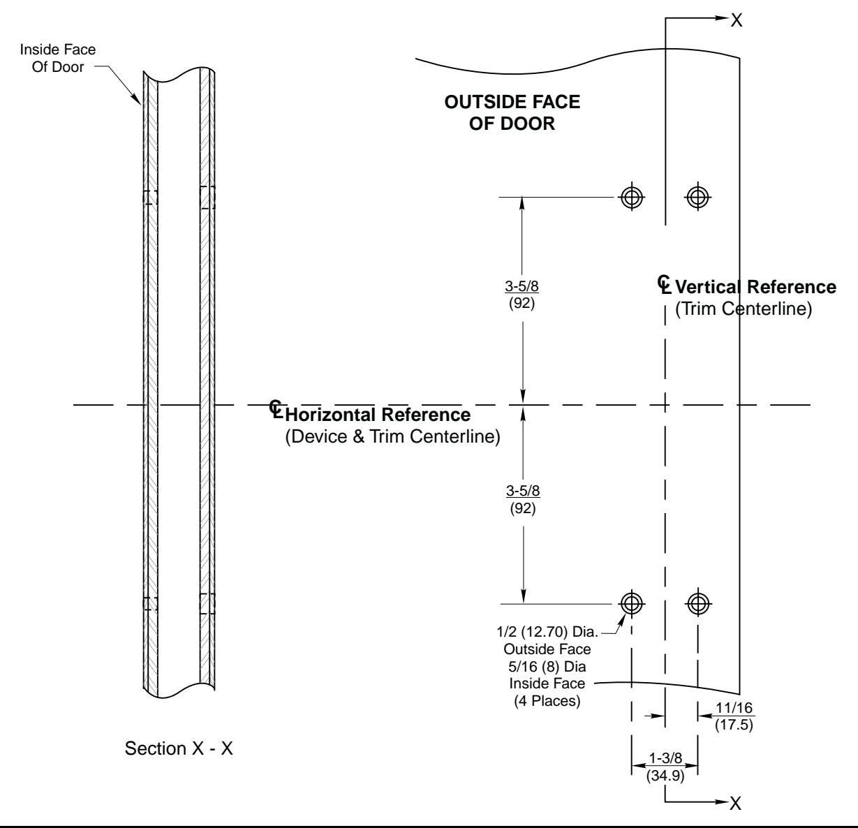 Corbin Russwin F250 and F950 Trim for ED5200, ED5400, ED5800 Wide Stile Mortise, Rim, CVR, SVR Metal Door Templa…_T30817 diag