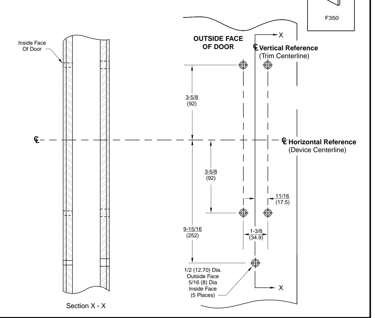 Corbin Russwin F350 Trim for ED5200, ED5400, ED5600, ED5800 Wide Stile Mortise, Rim, CVR, SVR Metal Door Templat…_T30822 diag