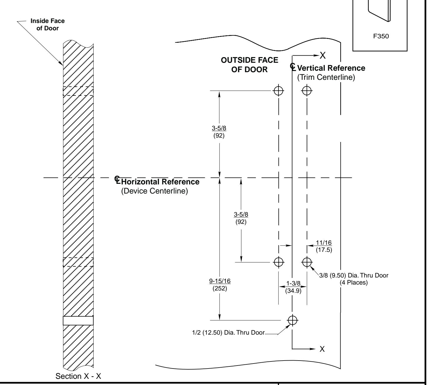 Corbin Russwin F350 Trim for ED5200, ED5400, ED5600, ED5800 Wide Stile Rim, Mortise, CVR, SVR Wood or Composite …_T30858 diag