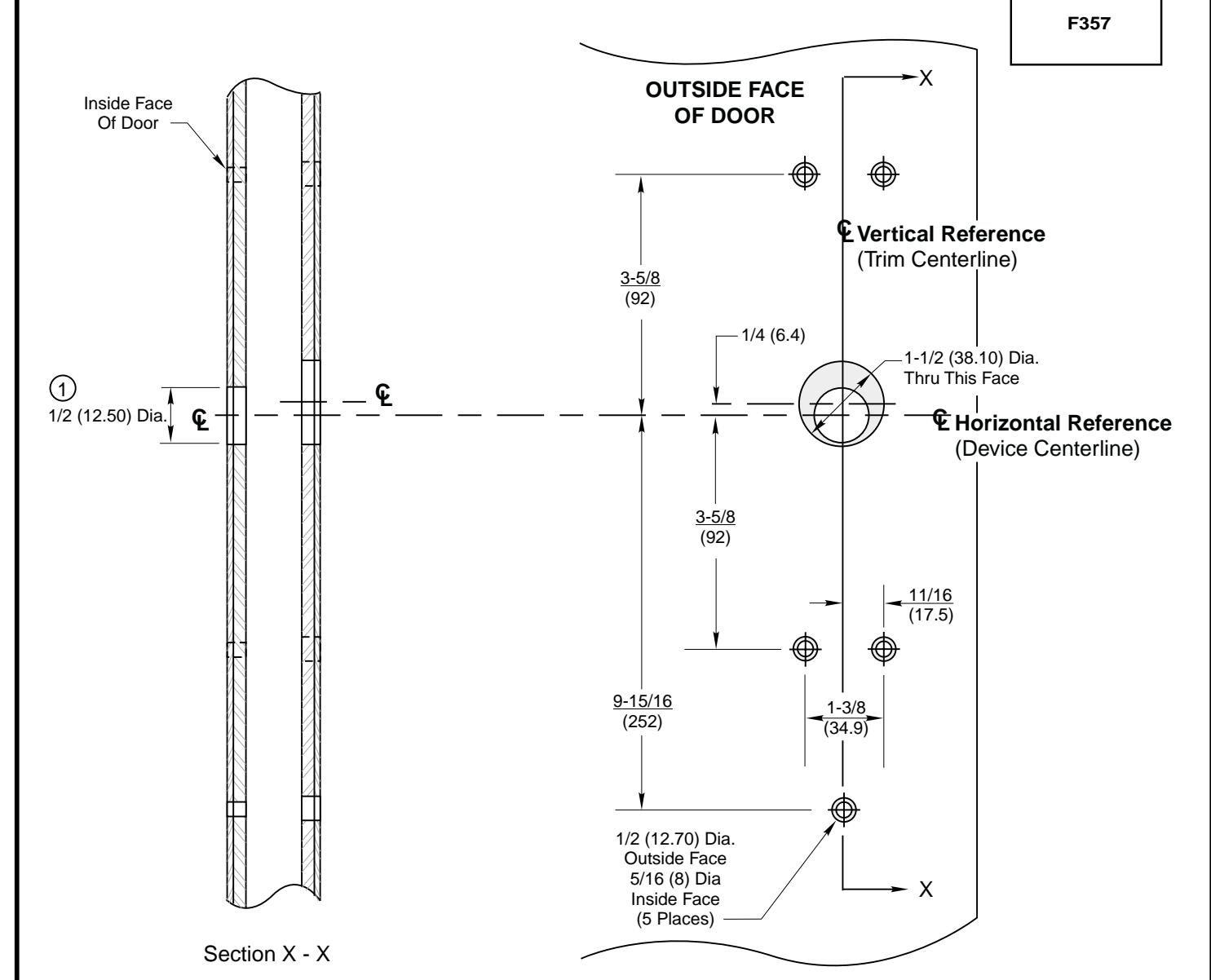 Corbin Russwin F357 Trim for ED5200, ED5400, ED5800 Wide Stile Rim, CVR, SVR Metal Door Template_T30823 diagram on page 1