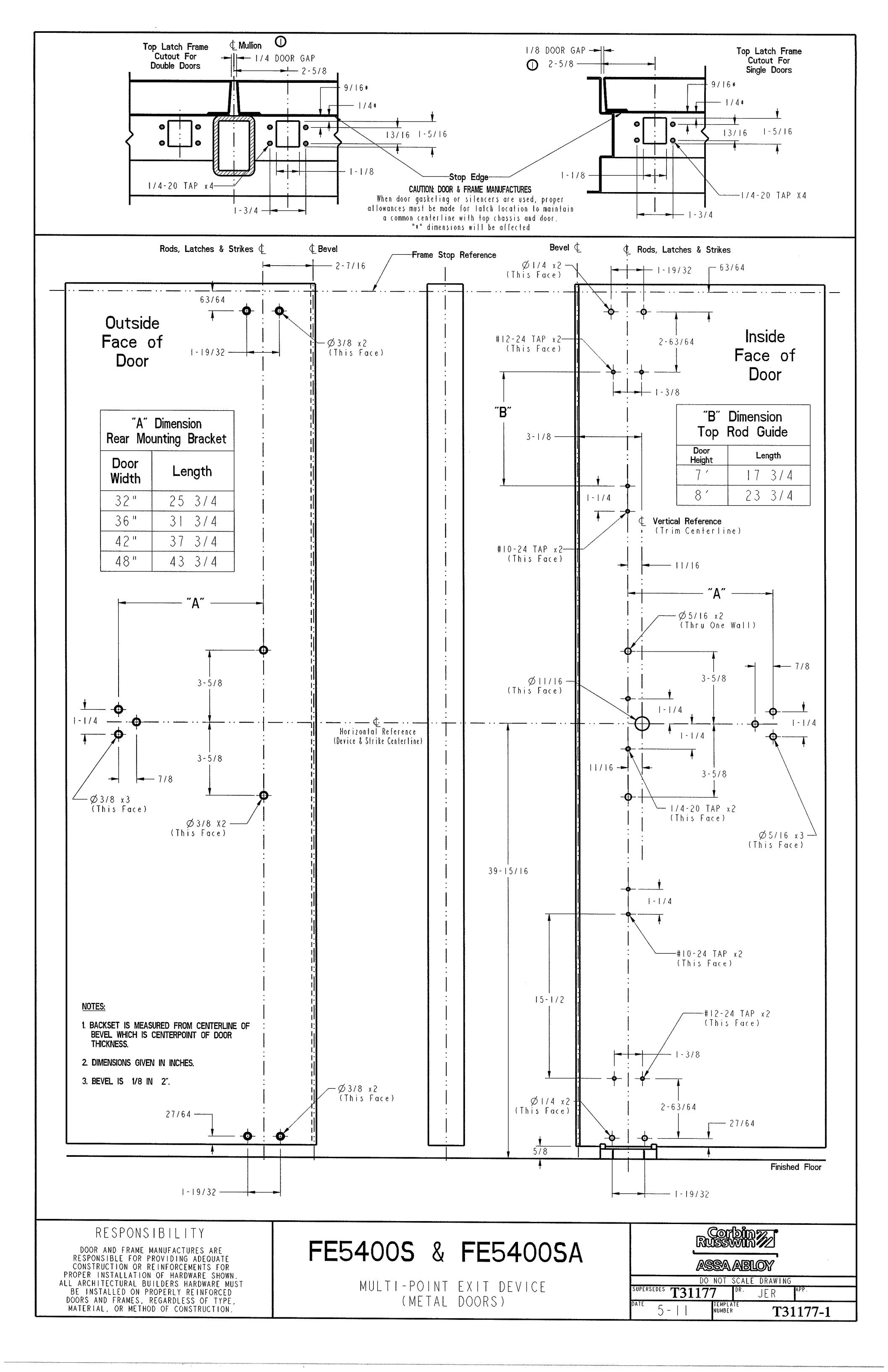 Corbin Russwin FE5400S(A) Series Multi-Point Exit Device Metal Door Template_T31177 diagram on page 1