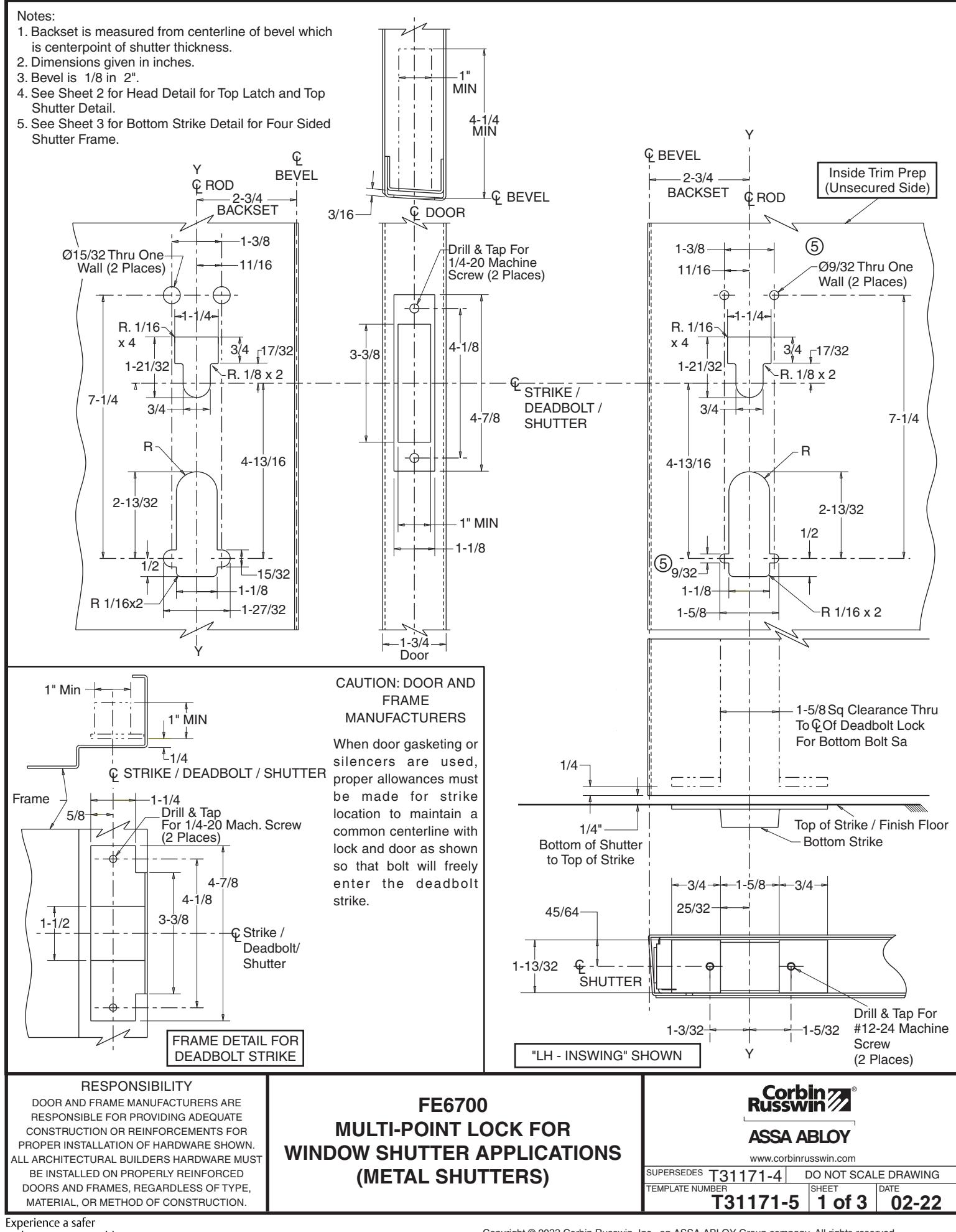 Corbin Russwin FE6700 Series Multi-Point Locks Window Shutter (METAL) Applications Template_T31171 diagram on page 1