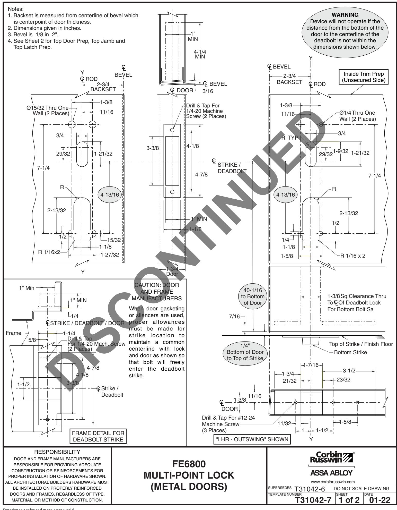 Corbin Russwin FE6800 Series Multi-Point Lock Template_T31042 diagram on page 1