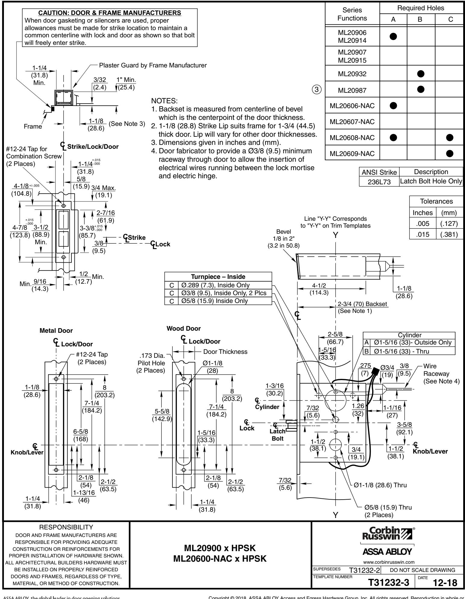 Corbin Russwin HPSK Trim for ML20600 (NAC) and ML20900 Series Template_T31232 diagram on page 1