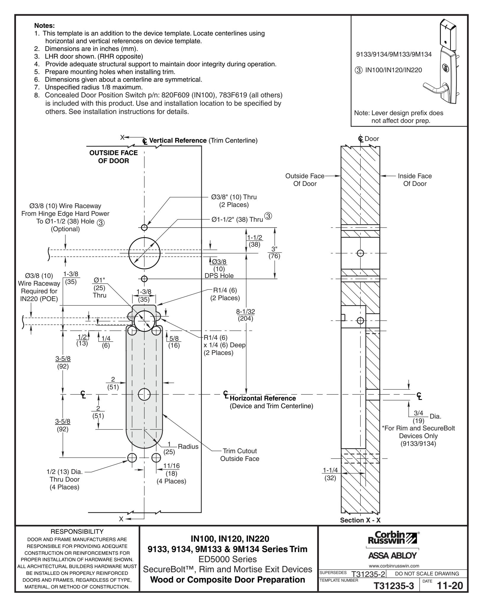 Corbin Russwin IN100, IN120, and IN220 Series ED5000 Series Rim and Mortise with 9133, 9134, 9M133, and 9M134 Tr…_T31235 diag