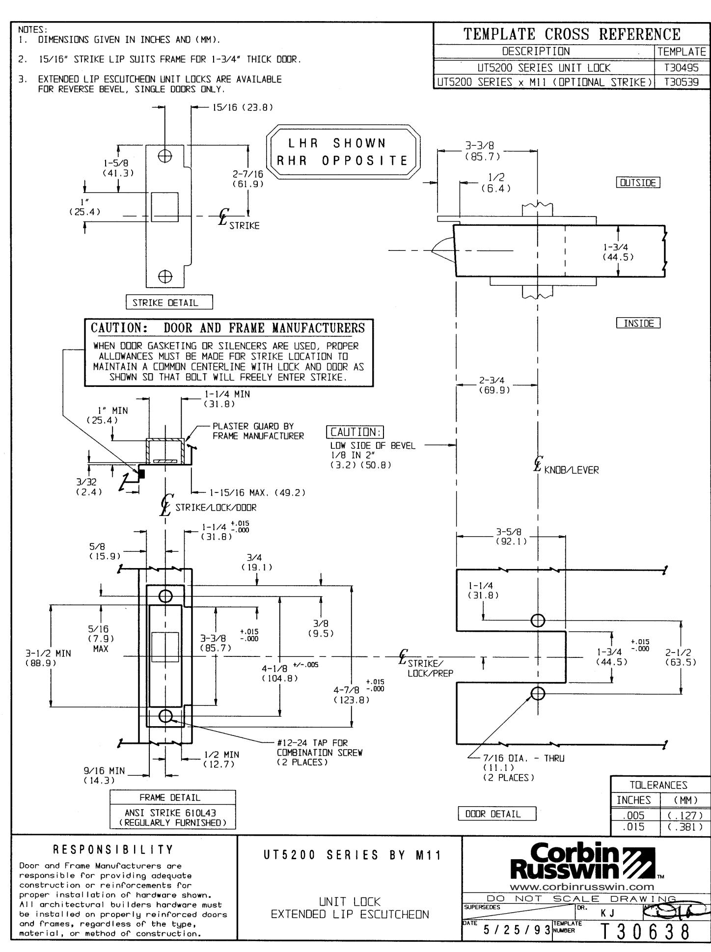 Corbin Russwin M11 Extended Lip Escutcheon Trim for UT5200 Series Unit Locks Template_T30638 diagram on page 1
