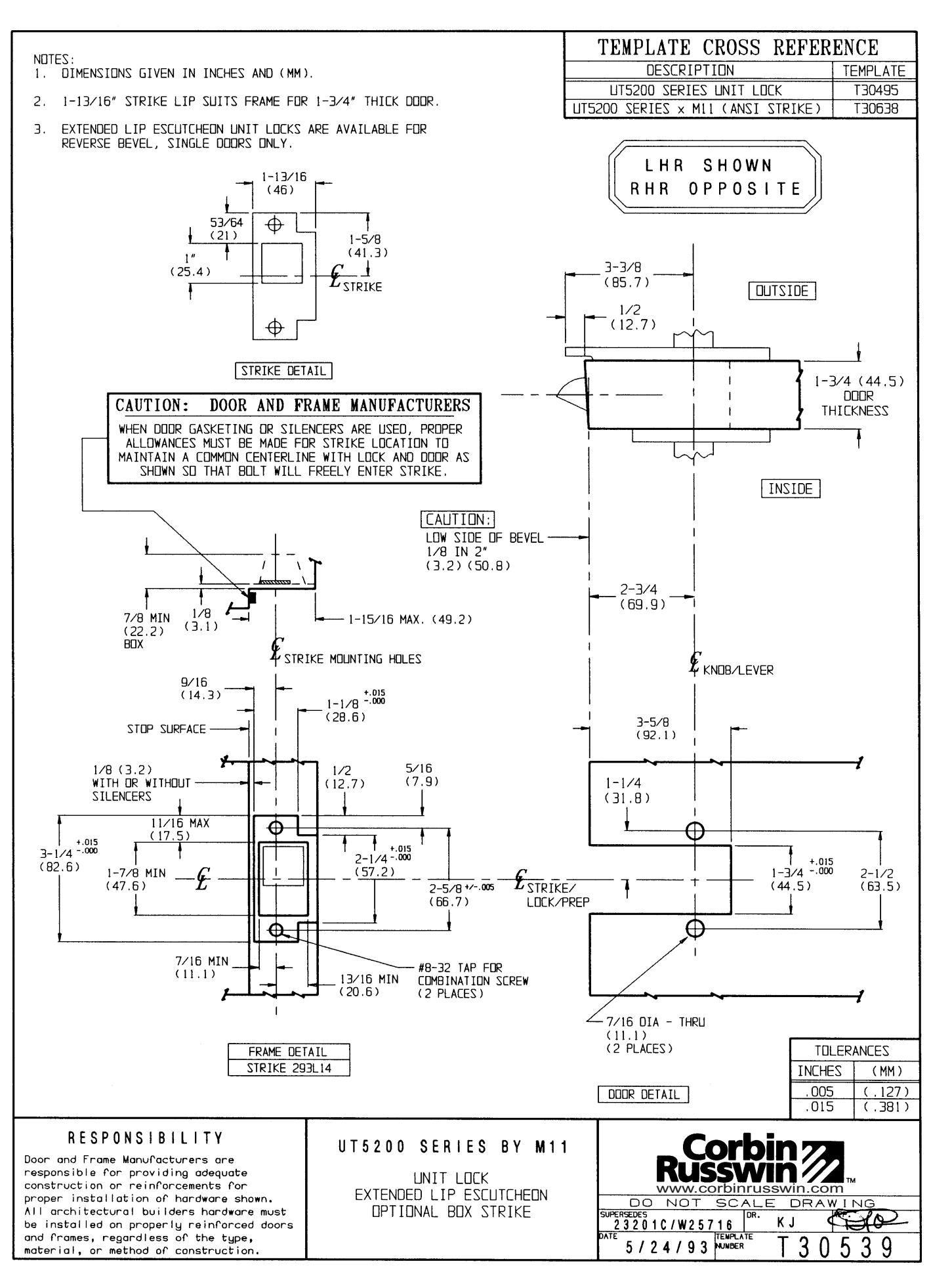 Corbin Russwin M11 Extended Lip Escutcheon Trim with Optional Box Strike for UT5200 Series Unit Locks Template_T30539 diagram