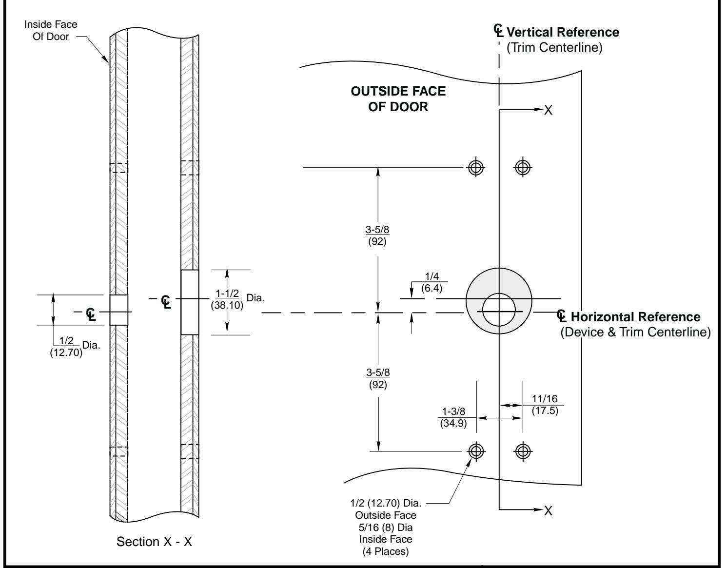 Corbin Russwin P957 Trim for ED5200, ED5400, ED5800 Wide Stile Rim, CVR, SVR Metal Door Template_T30934 diagram on page 1