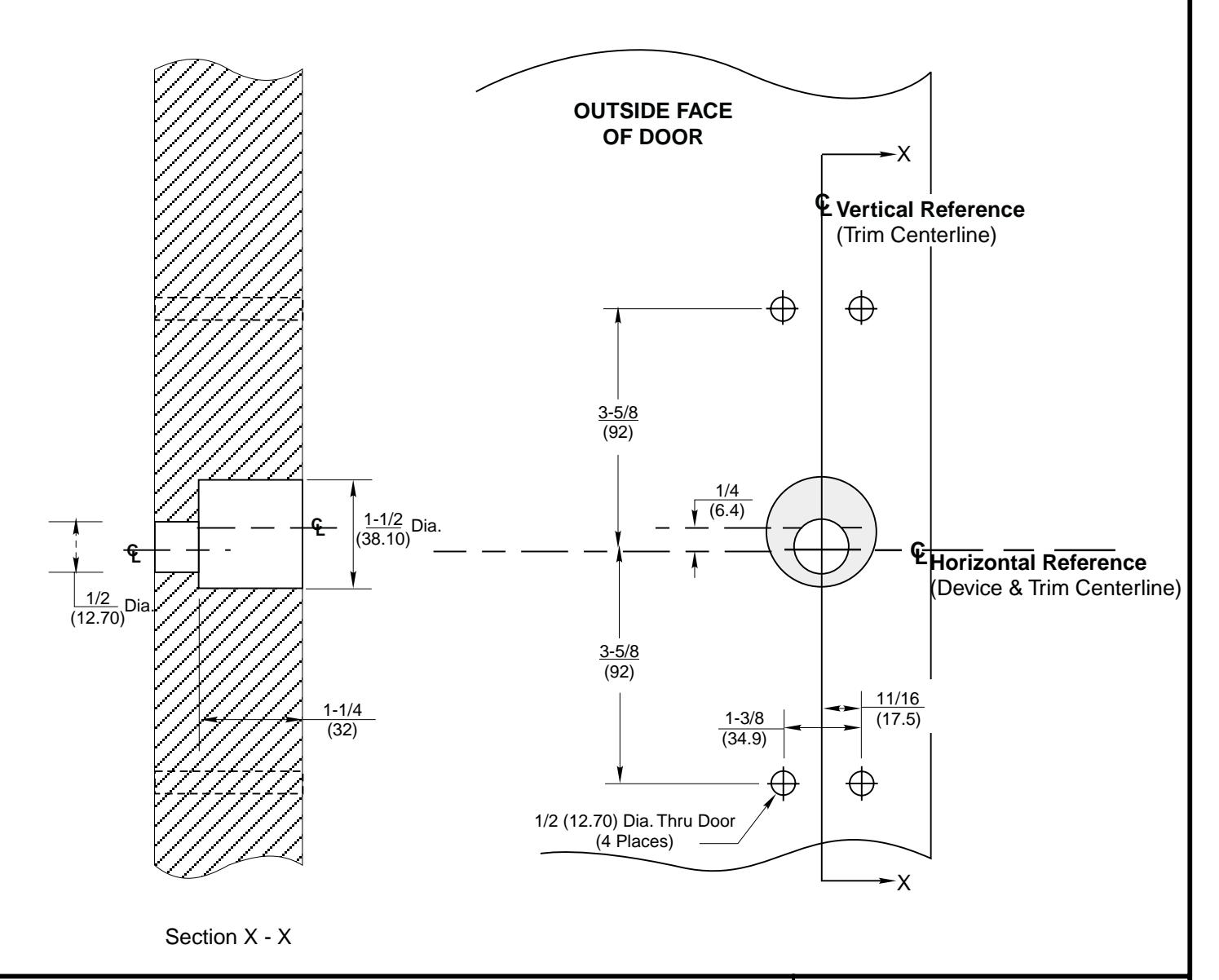 Corbin Russwin P957 Trim for ED5200, ED5400, ED5800 Wide Stile Rim, CVR, SVR Wood or Composite Door Template_T30935 diagram o