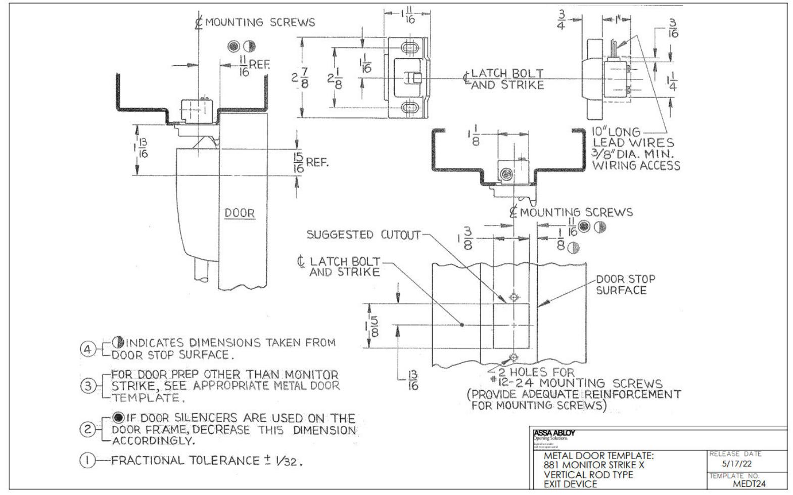 Corbin Russwin PED4000 and PED5000 Series and SARGENT PE80 Series VR for Metal Doors 881 Monitor Strike Template_MEDT24 diagr