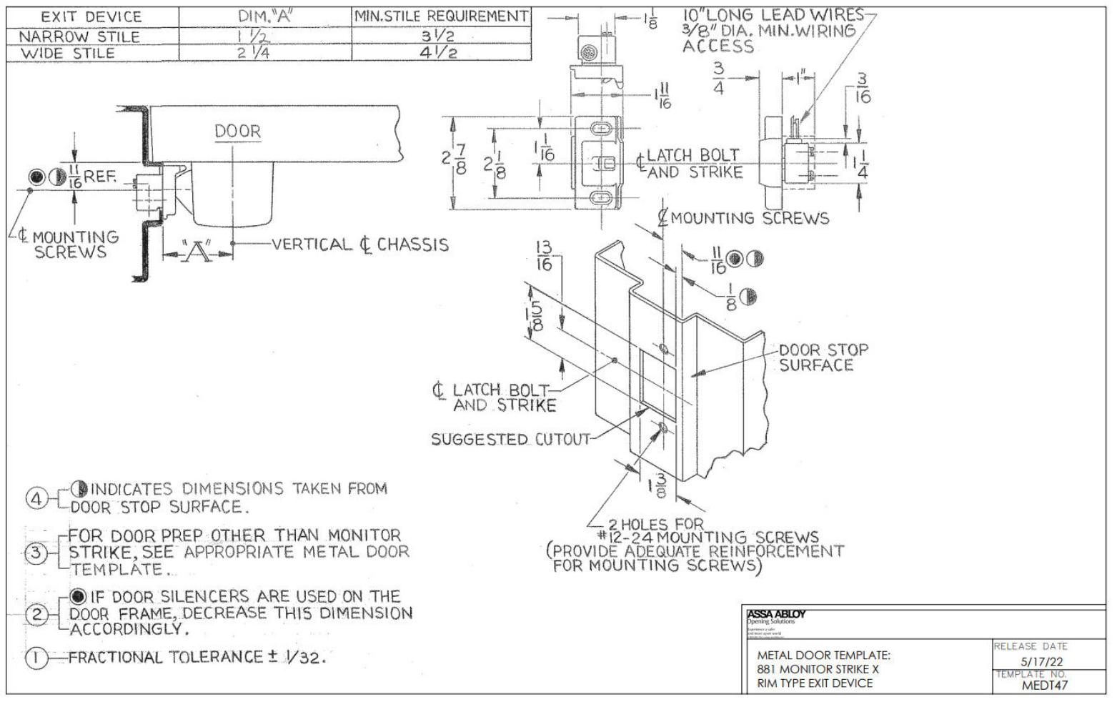 Corbin Russwin PED4200 and PED5200 and SARGENT PE8500 and PE8800 Narrow and Wide Stile Rim for Metal Doors 881 M…_MEDT47 diag