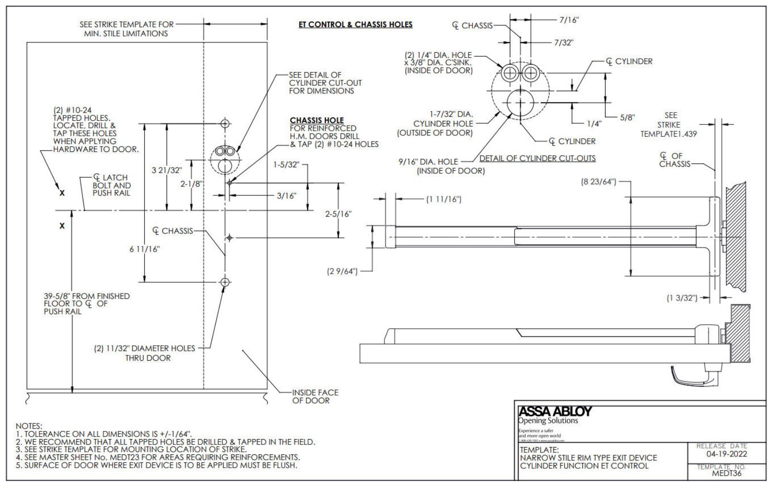Corbin Russwin PED4200 and SARGENT PE8500 Narrow Stile Rim Cylinder Function ET Control and Chassis Holes Templa…_MEDT36 diag
