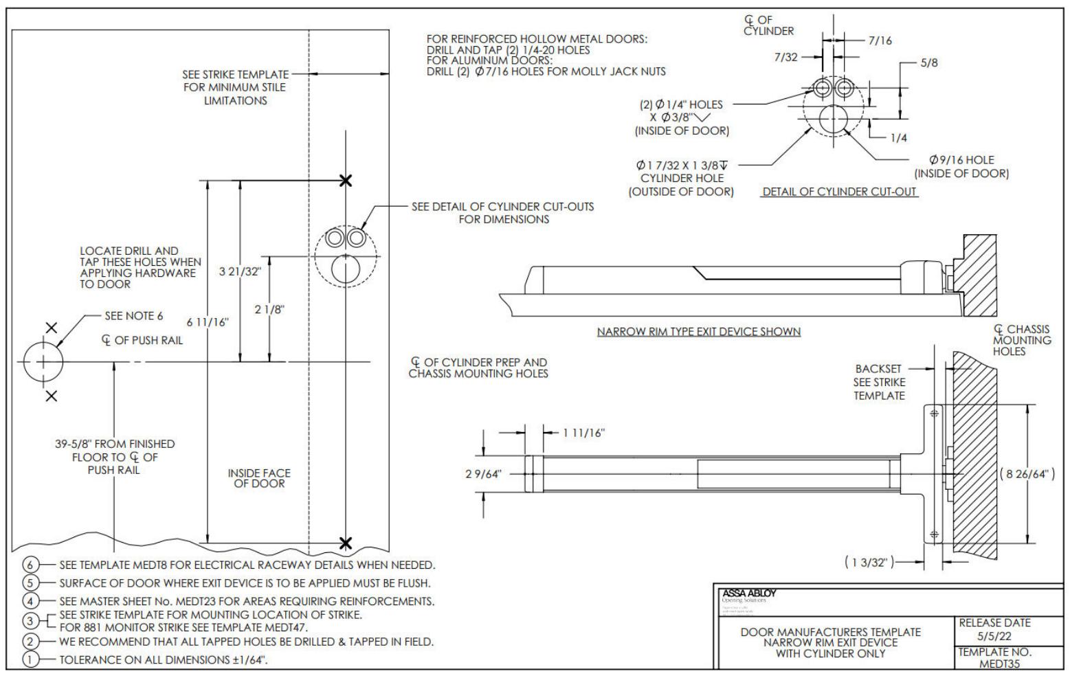Corbin Russwin PED4200 and SARGENT PE8500 Narrow Stile Rim for Metal and Aluminum Doors with Cylinder Only Templ…_MEDT35 diag