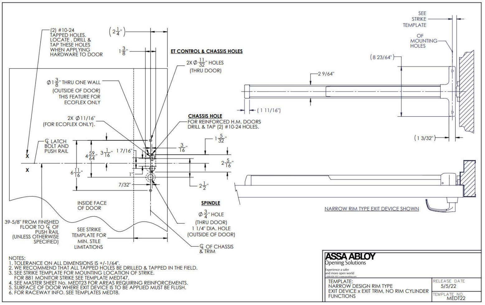 Corbin Russwin PED4200 and SARGENT PE8500 Narrow Stile Rim with Exit Trim for Non-Cylinder Functions Template_MEDT22 diagram 