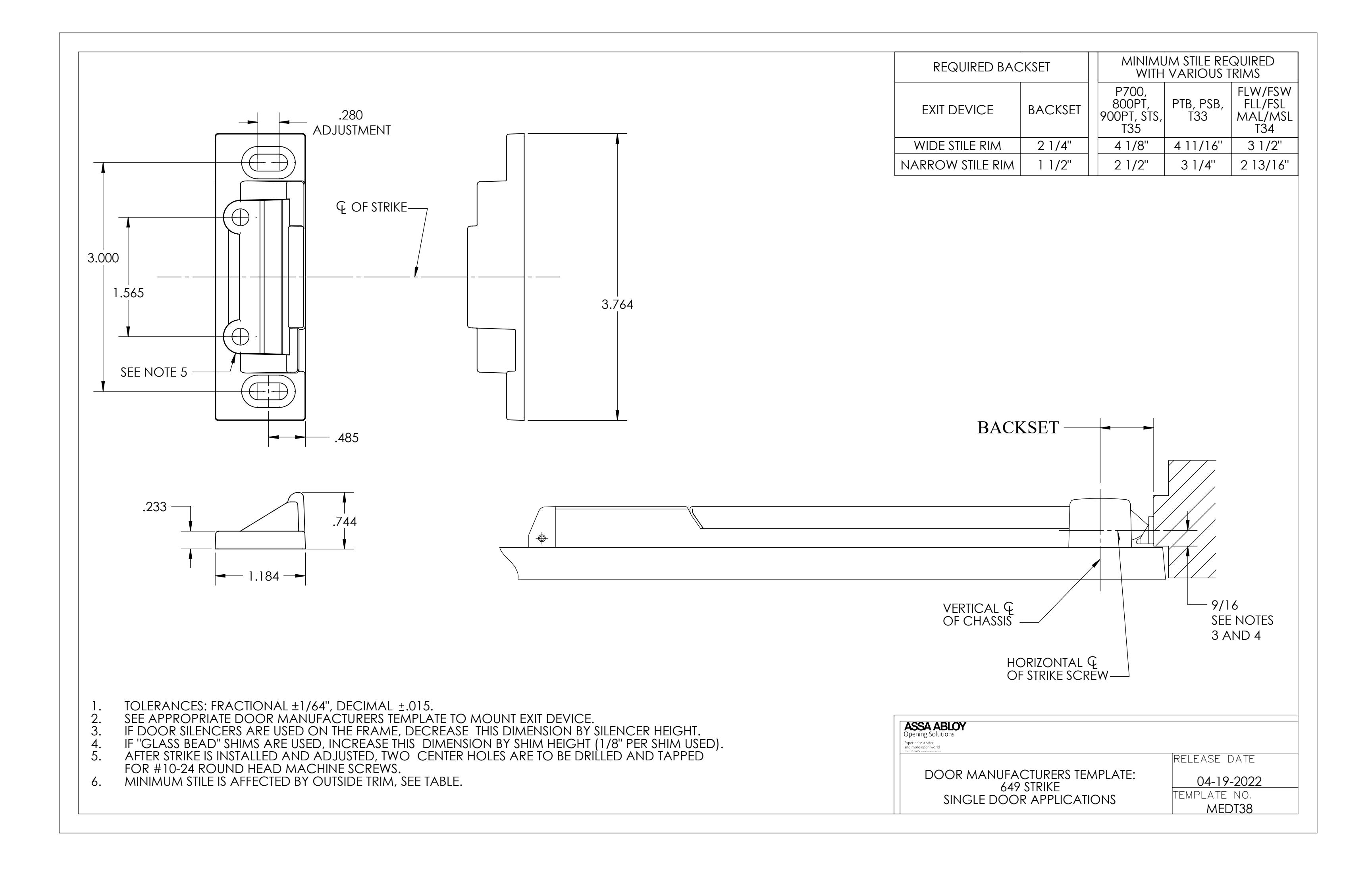 Corbin Russwin PED4200(A) and PED5200(A) and SARGENT (12-)PE8500 and (12-)PE8800 Narrow and Wide Stile Rim for A…_MEDT38 diag