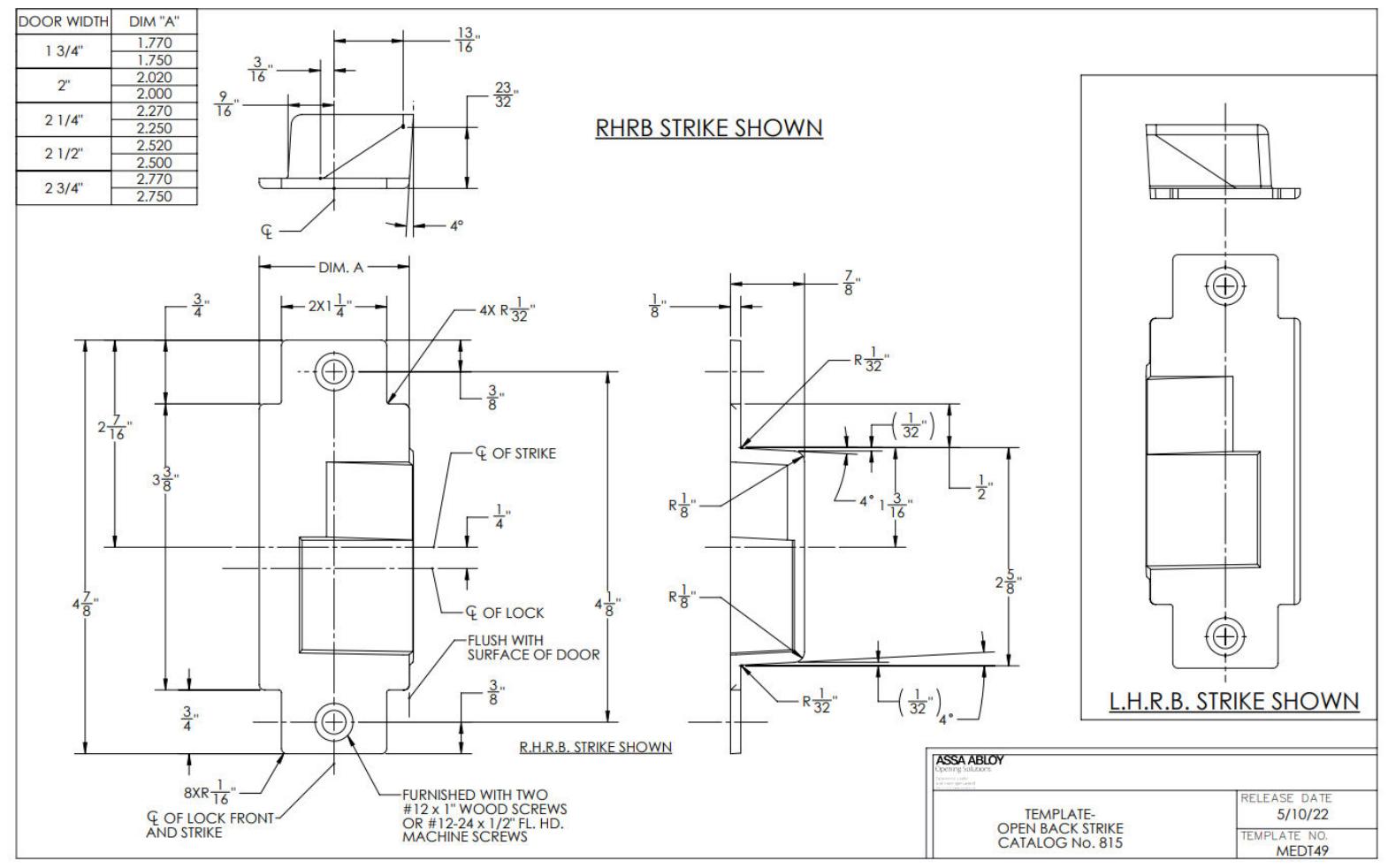 Corbin Russwin PED4600, PED5600 and SARGENT PE8300, PE8900 Narrow and Wide Stile Mortise Exit Devices 815 Strike…_MEDT49 diag