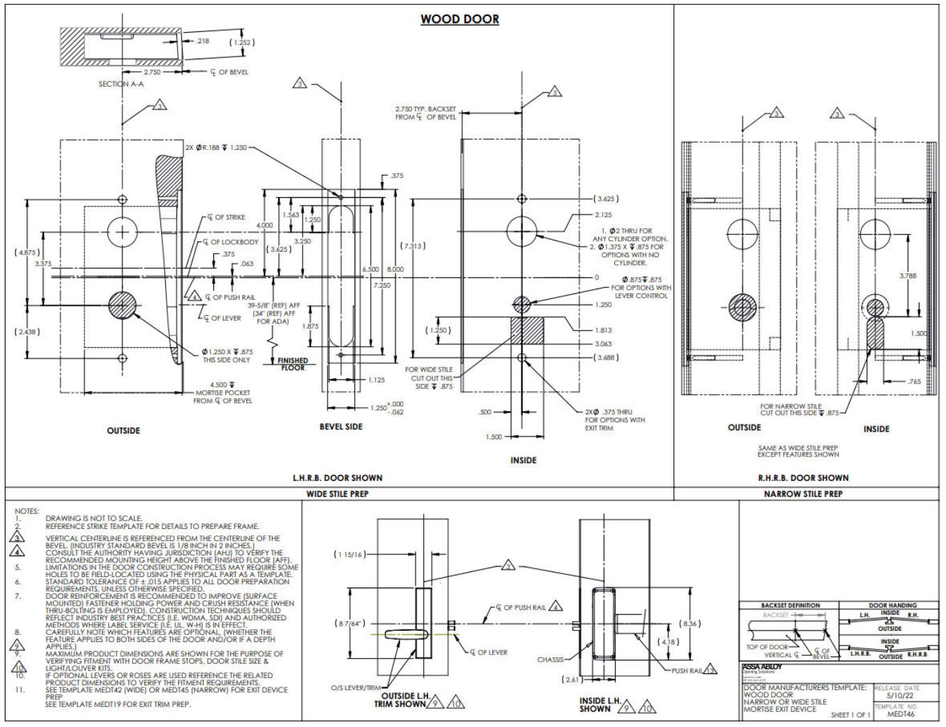 Corbin Russwin PED4600 and PED5600 and SARGENT PE8300 and PE8900 Narrow and Wide Stile Mortise for Wood Doors Na…_MEDT46 diag