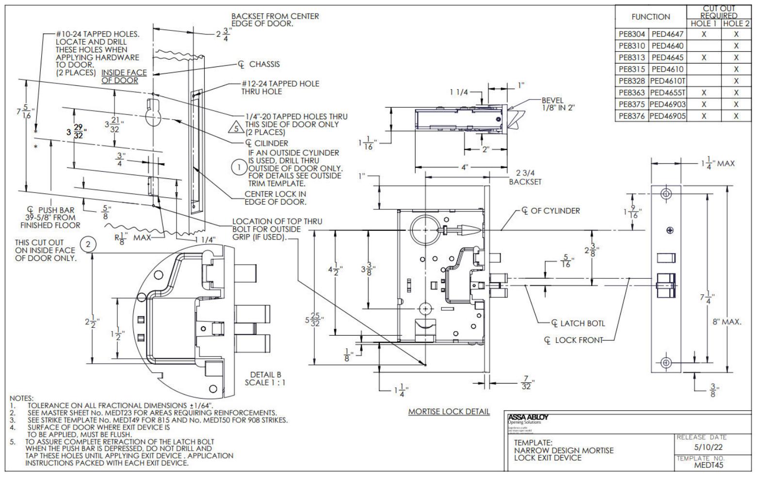 Corbin Russwin PED4600 and SARGENT PE8300 Narrow Stile Mortise for Metal and Aluminum Doors Narrow Design Mortis…_MEDT45 diag