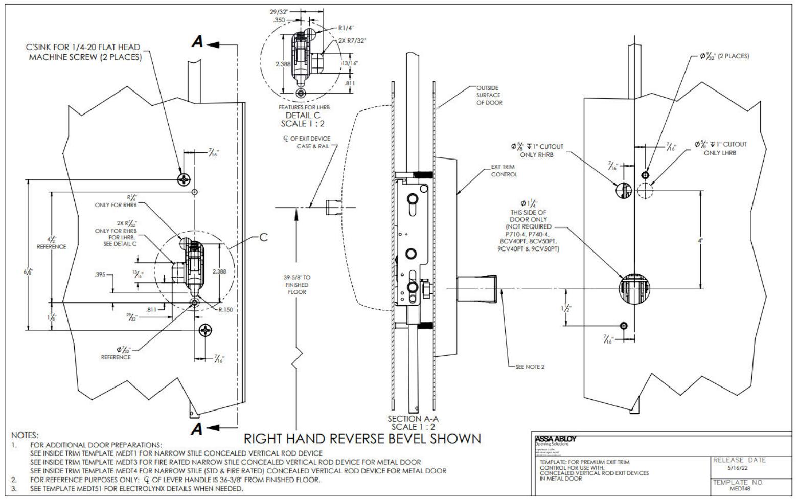 Corbin Russwin PED4800 and PED5800 and SARGENT PE8400 and PE8600 Narrow and Wide Stile CVR for Metal Doors Exit …_MEDT48 diag
