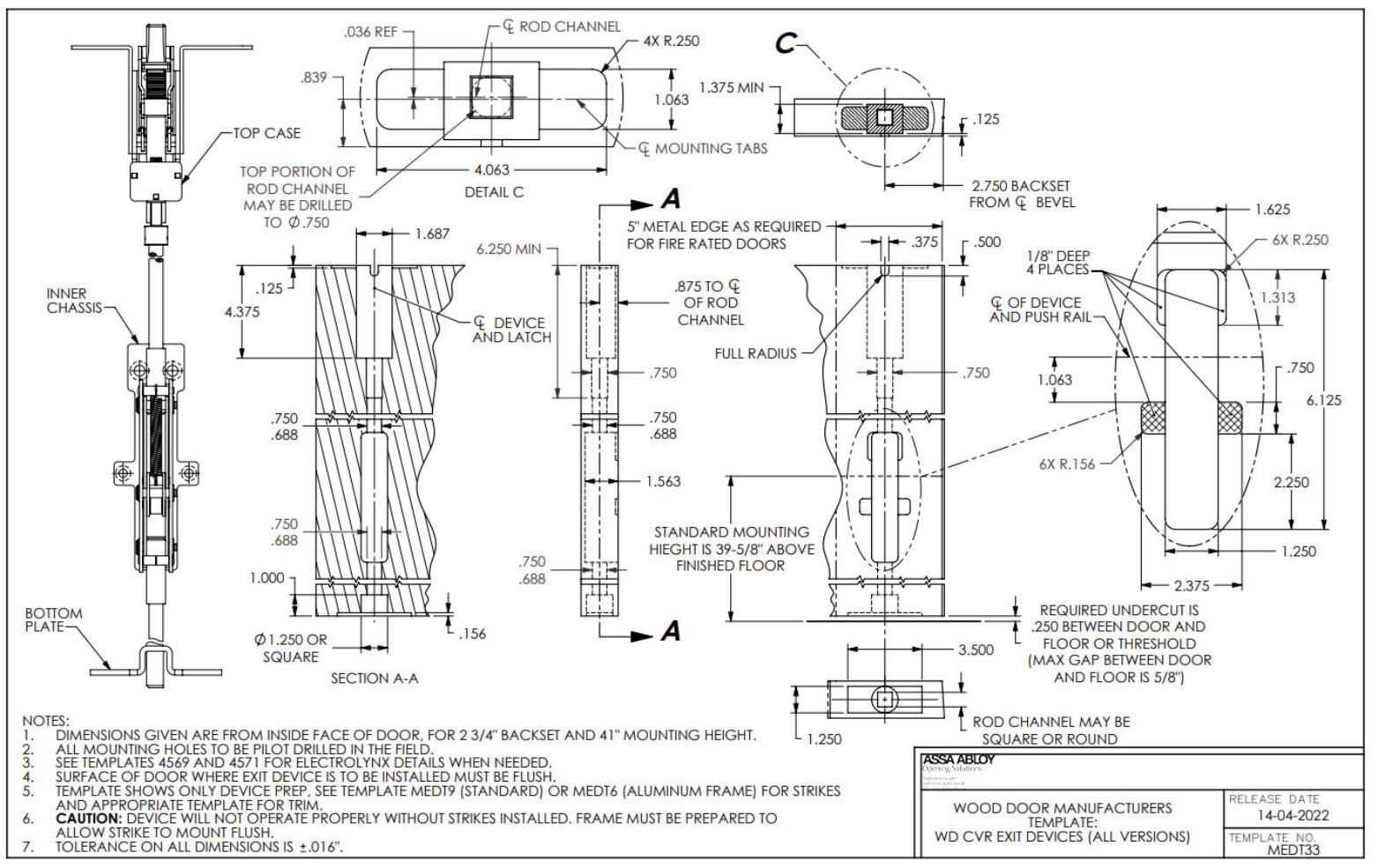 Corbin Russwin PED4800 and PED5800 and SARGENT PE8400 and PE8600 Narrow and Wide Stile CVR for Wood Doors Templa…_MEDT33 diag
