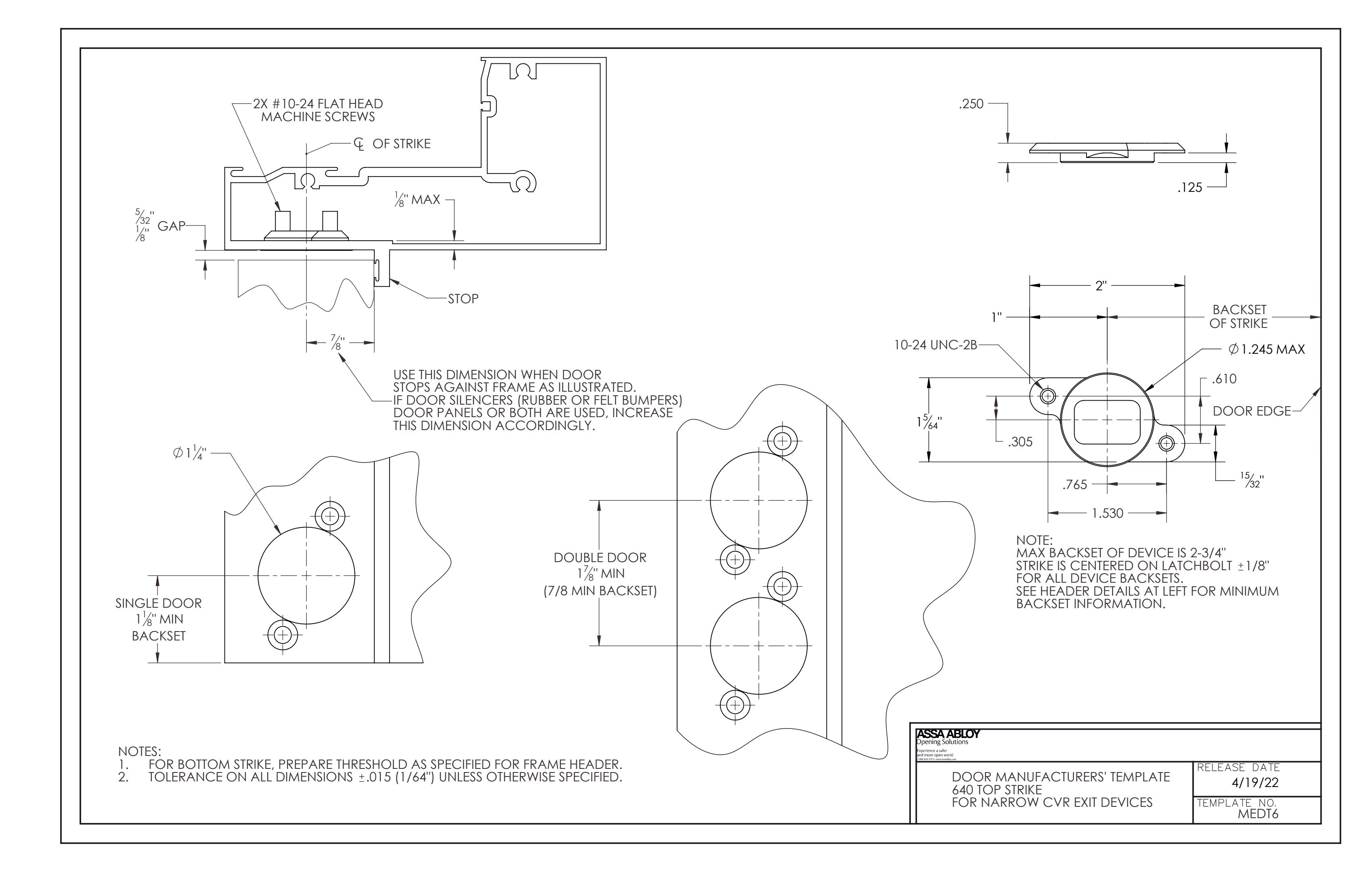 Corbin Russwin PED4800 and SARGENT PE8400 Narrow Stile CVR for Aluminum Doors 640 Top Strike Template_MEDT6 diagram on page 1