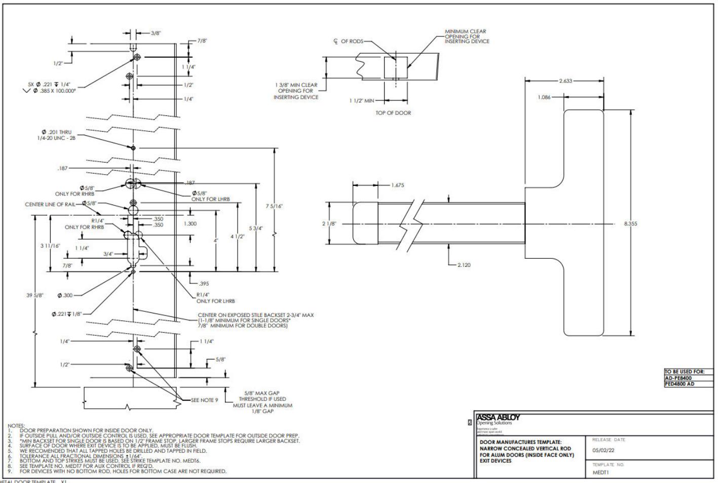 Corbin Russwin PED4800 and SARGENT PE8400 Narrow Stile CVR for Aluminum Doors (Inside Face Only) Template_MEDT1 diagram on pa