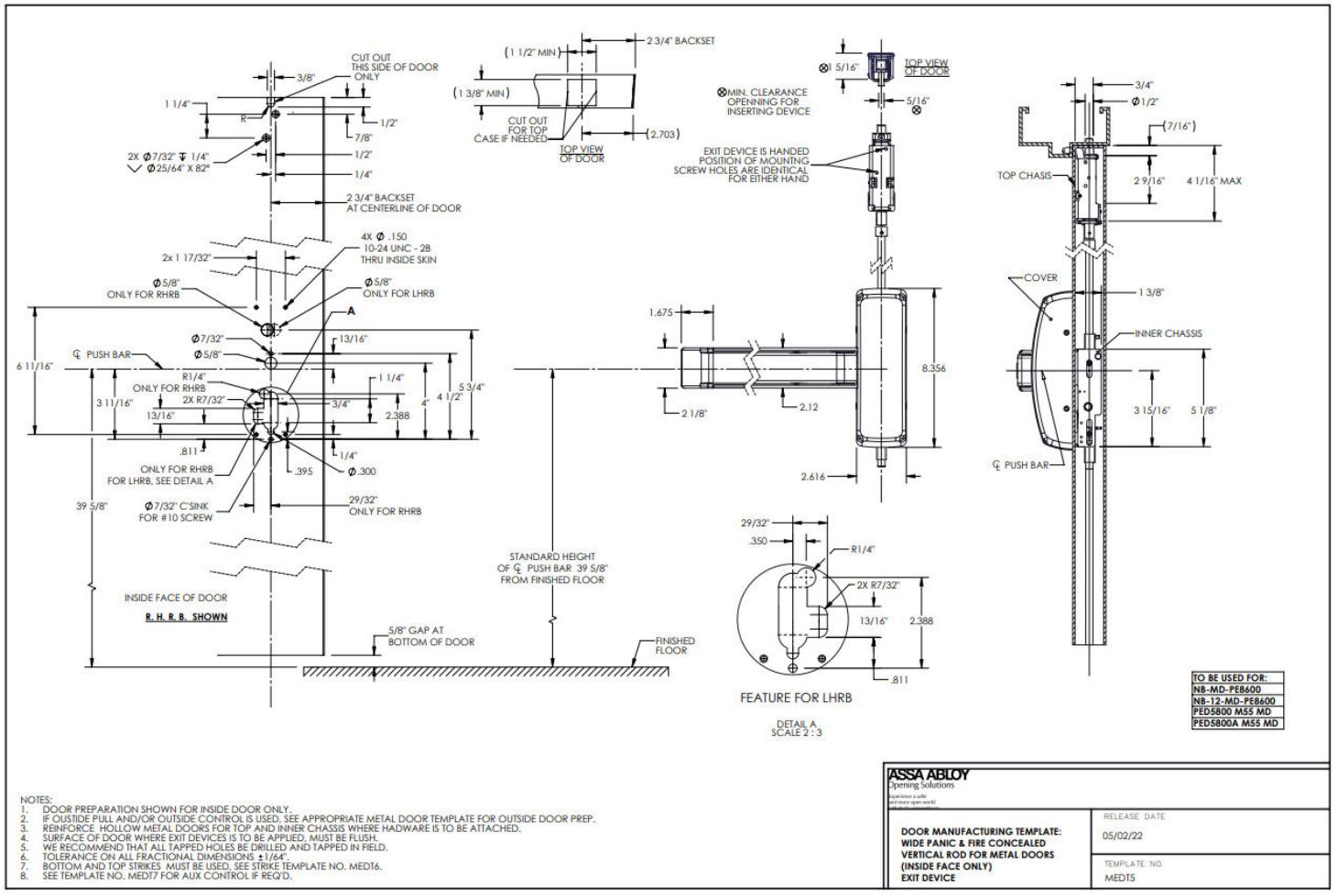 Corbin Russwin PED4800(A) and PED5800(A) and SARGENT (12-)PE8400 and (12-)PE8600 Narrow and Wide Stile CVR for M…_MEDT5 diagr