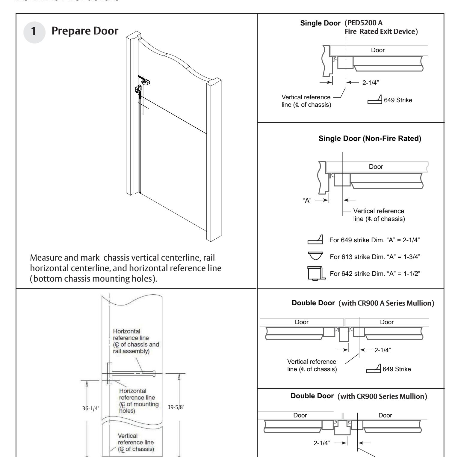 Corbin Russwin PED5000 Series PED5200(A) Wide Stile Rim 10T, 55T, 42, and 42T Functions Installation Instruction…_FM576 diagr