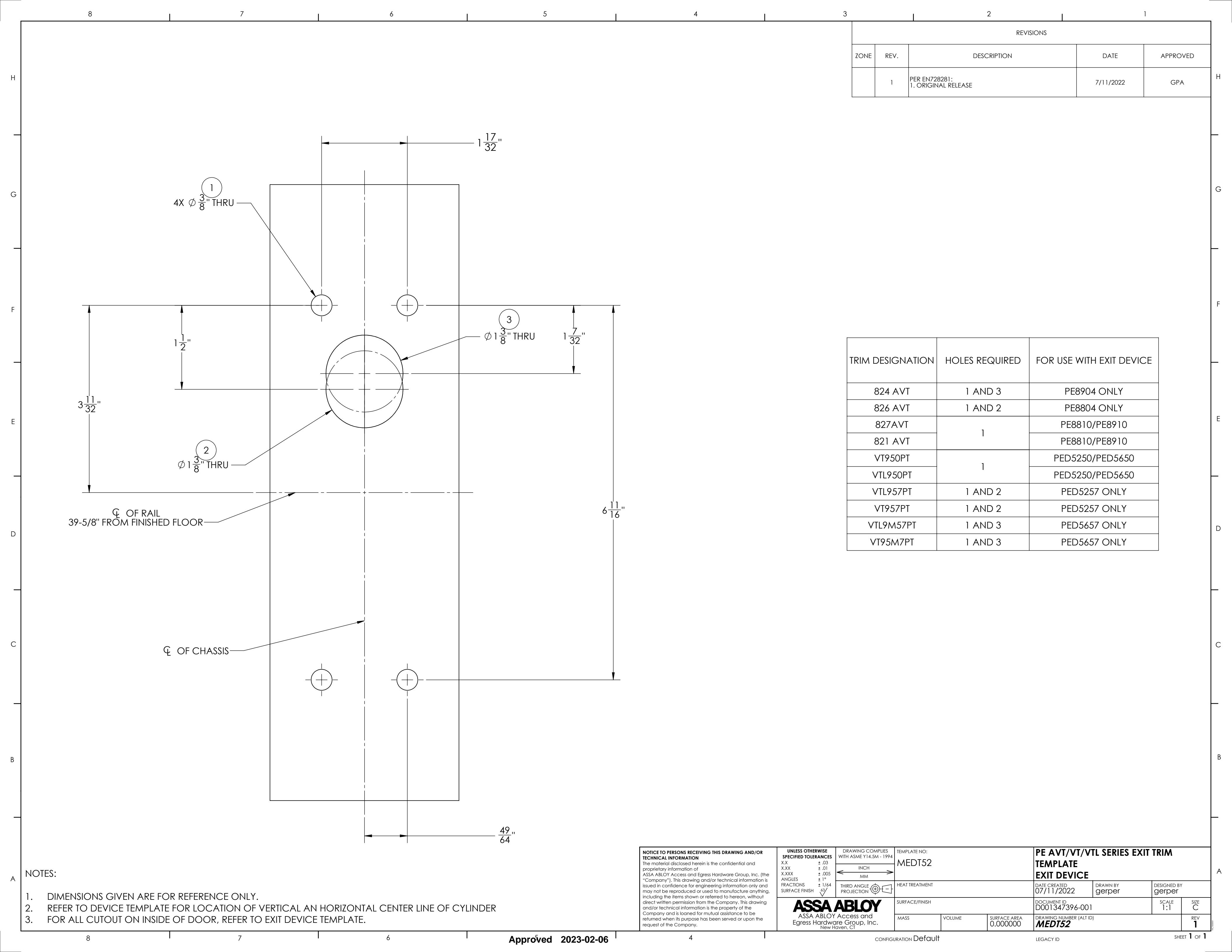 Corbin Russwin PED5200 and PED5600 and SARGENT PE8800 and PE8900 Wide Stile Rim, Mortise for Wood and Metal Door…_MEDT52 diag