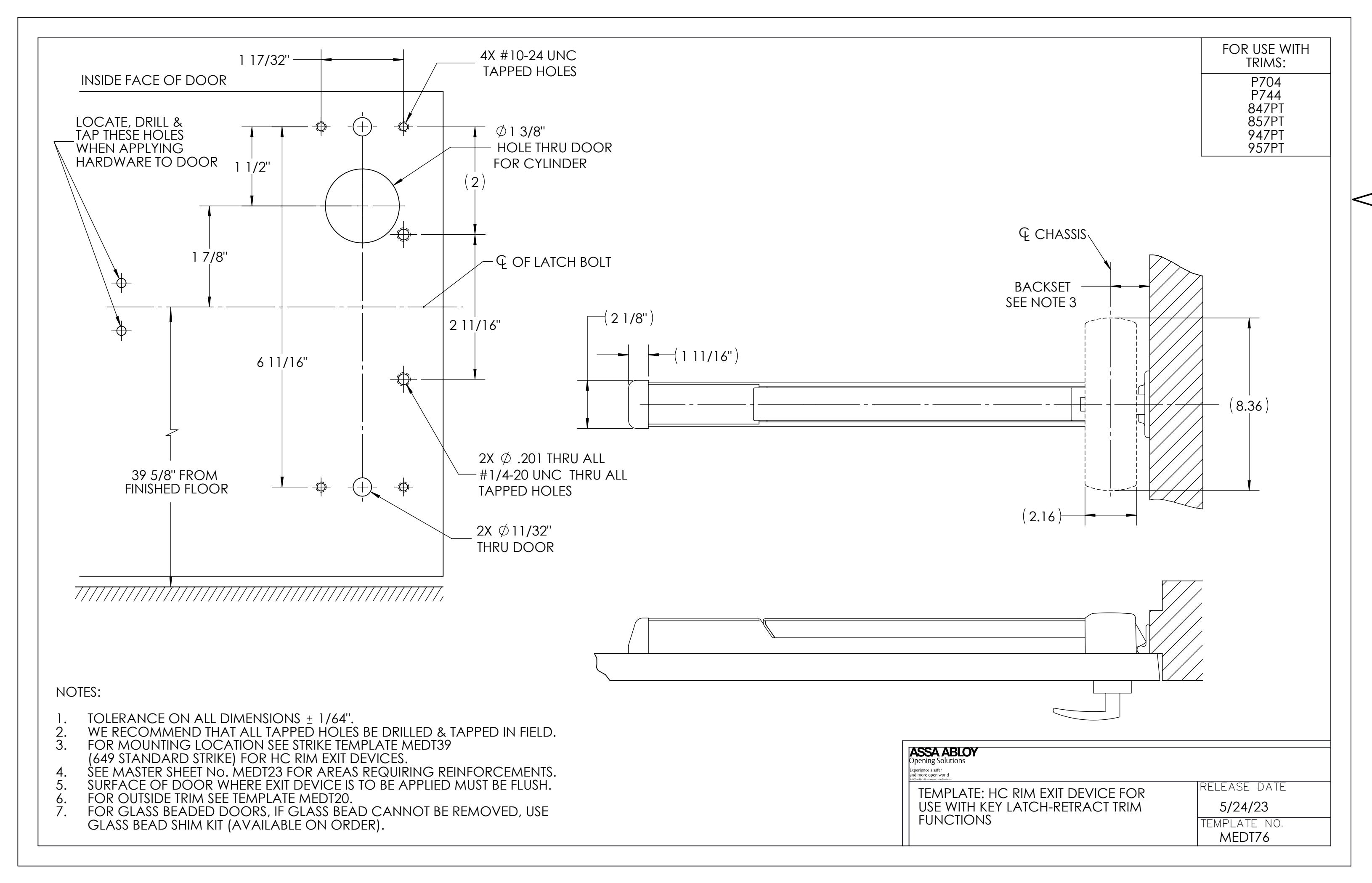 Corbin Russwin PED5200 and SARGENT HC-PE8800 Wide Stile Rim with Key Latch-Retract Trim Functions for Metal Door…_MEDT76 diag