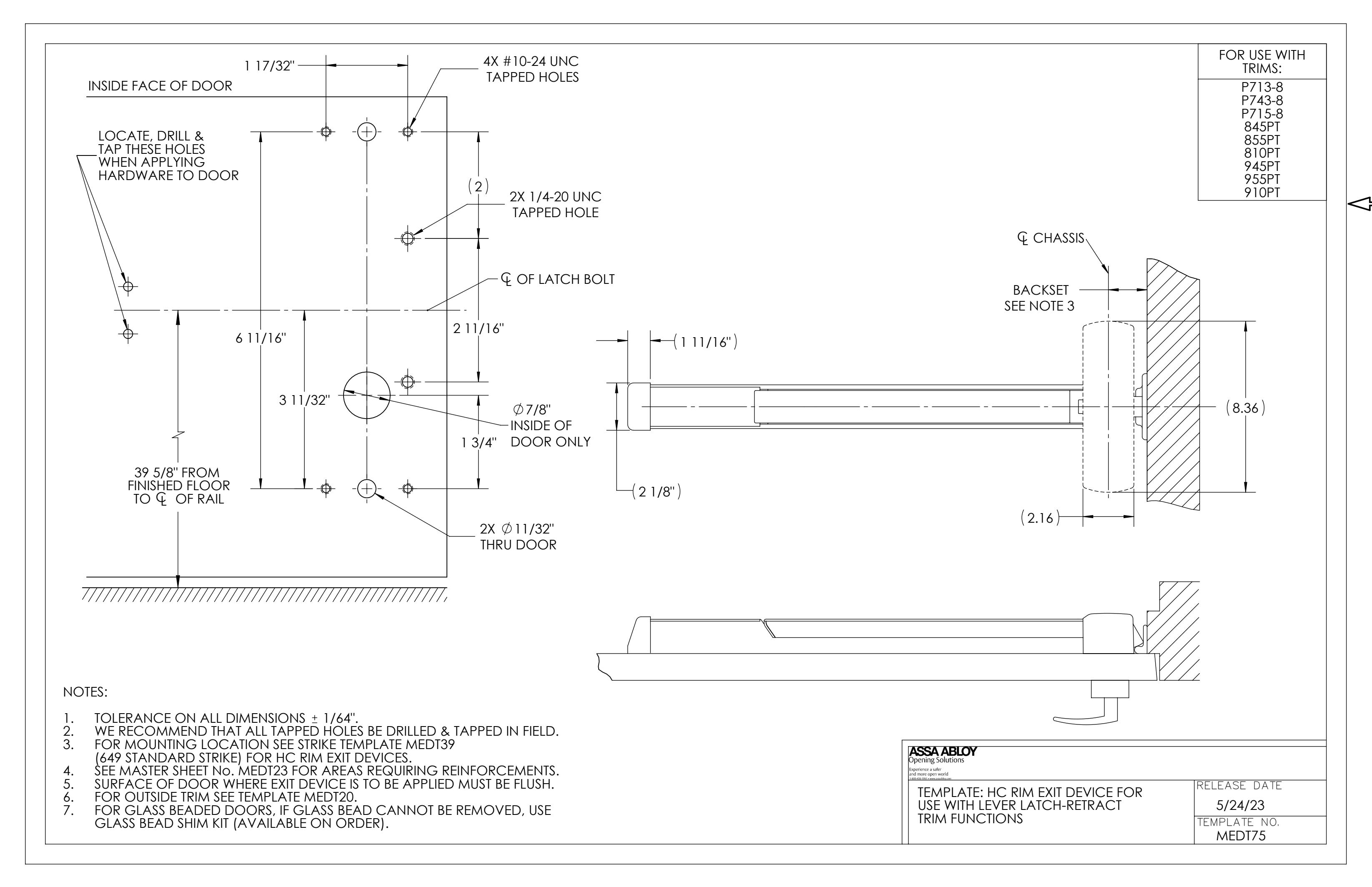 Corbin Russwin PED5200 and SARGENT HC-PE8800 Wide Stile Rim with Lever Latch-Retract Trim Functions for Metal Do…_MEDT75 diag