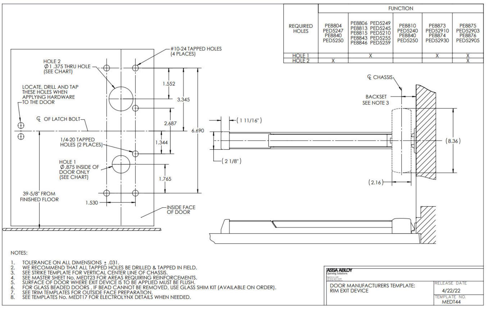 Corbin Russwin PED5200 and SARGENT PE8800 Wide Stile Rim for Metal Doors Rim Exit Device Template_MEDT44 diagram on page 1