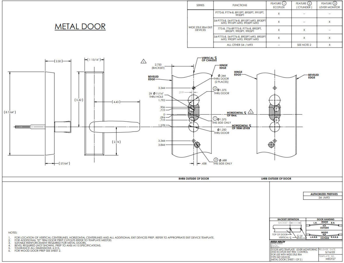 Corbin Russwin PED5200 and SARGENT PE8800 Wide Stile Rim for Wood, Metal and Aluminum Doors Narrow and Wide Stil…_MEDT27 diag