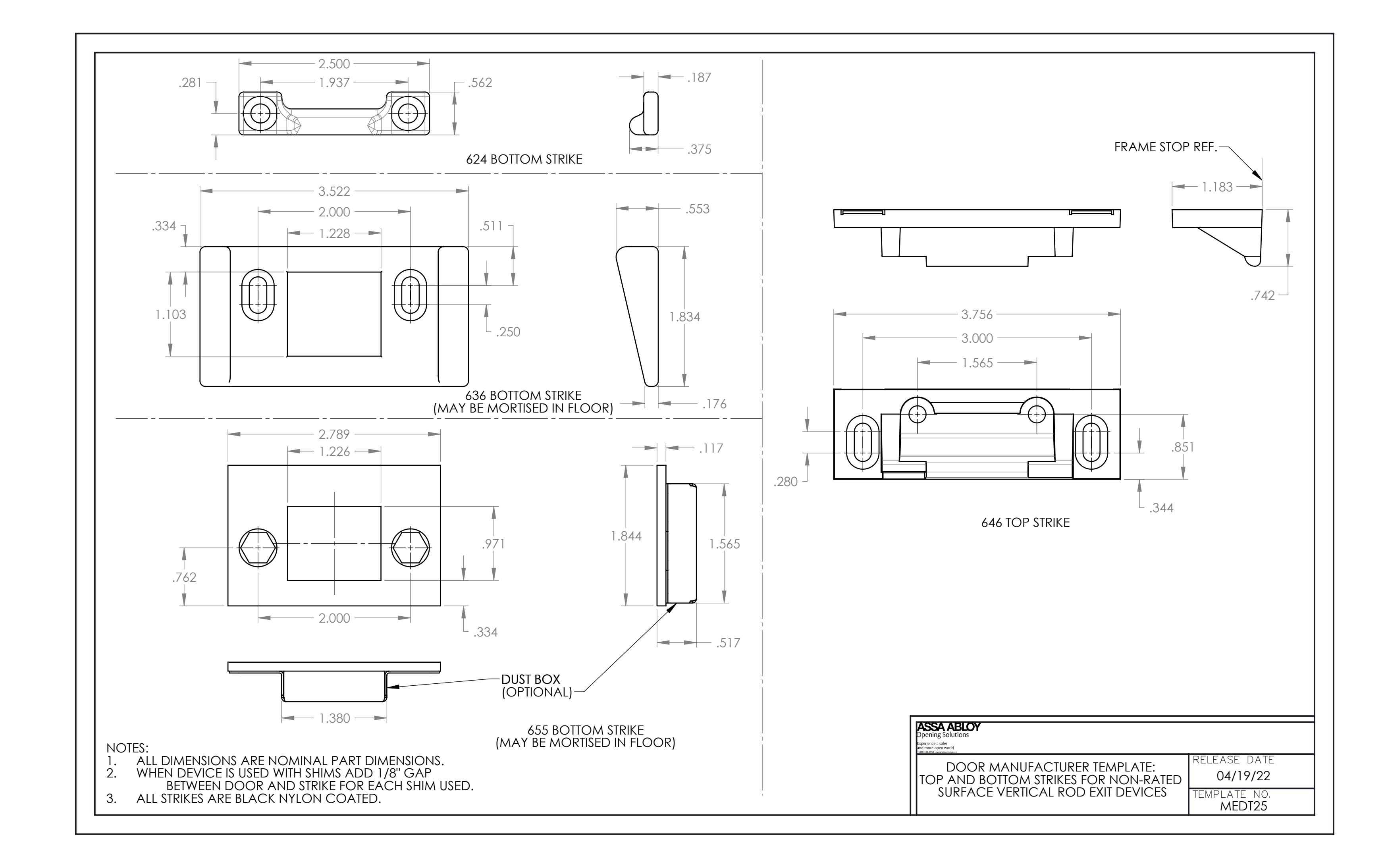 Corbin Russwin PED5400 and SARGENT PE8700 SVR Template for 646 Top and 624, 636, 655 Bottom Strikes_MEDT25 diagram on page 1