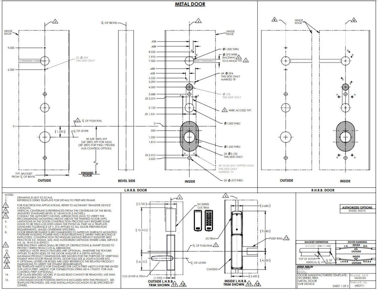 Corbin Russwin PED5400 and SARGENT PE8700 Wide Stile SVR with SN Series for Wood and Metal Doors Template_MEDT11 diagram on p