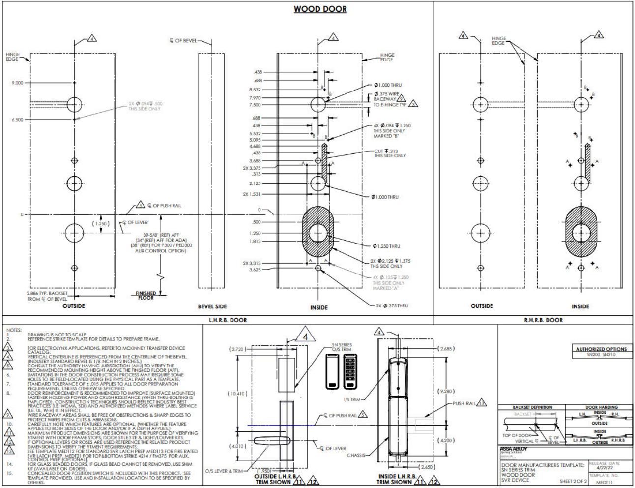 Corbin Russwin PED5400 and SARGENT PE8700 Wide Stile SVR with SN Series for Wood and Metal Doors Template_MEDT11 diagram on p