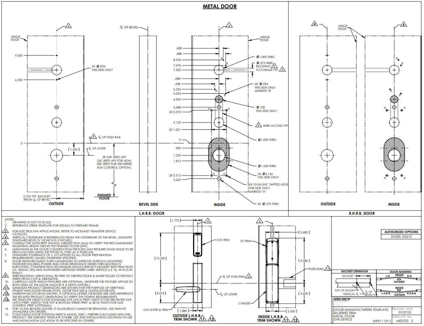 Corbin Russwin PED5400 and SARGENT PE8700 Wide Stile SVR with SN Series for Wood and Metal Doors Template_MEDT55 diagram on p
