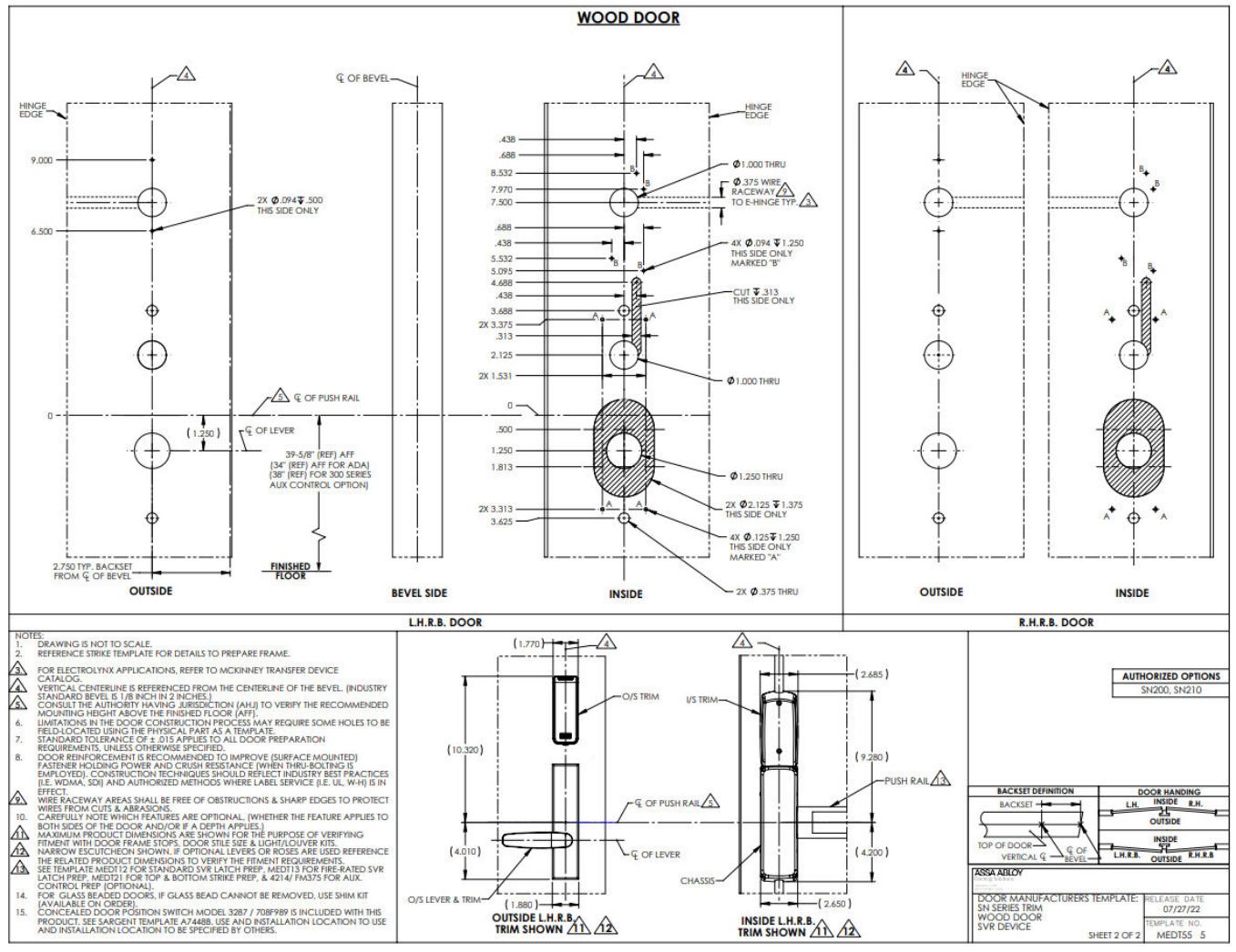 Corbin Russwin PED5400 and SARGENT PE8700 Wide Stile SVR with SN Series for Wood and Metal Doors Template_MEDT55 diagram on p