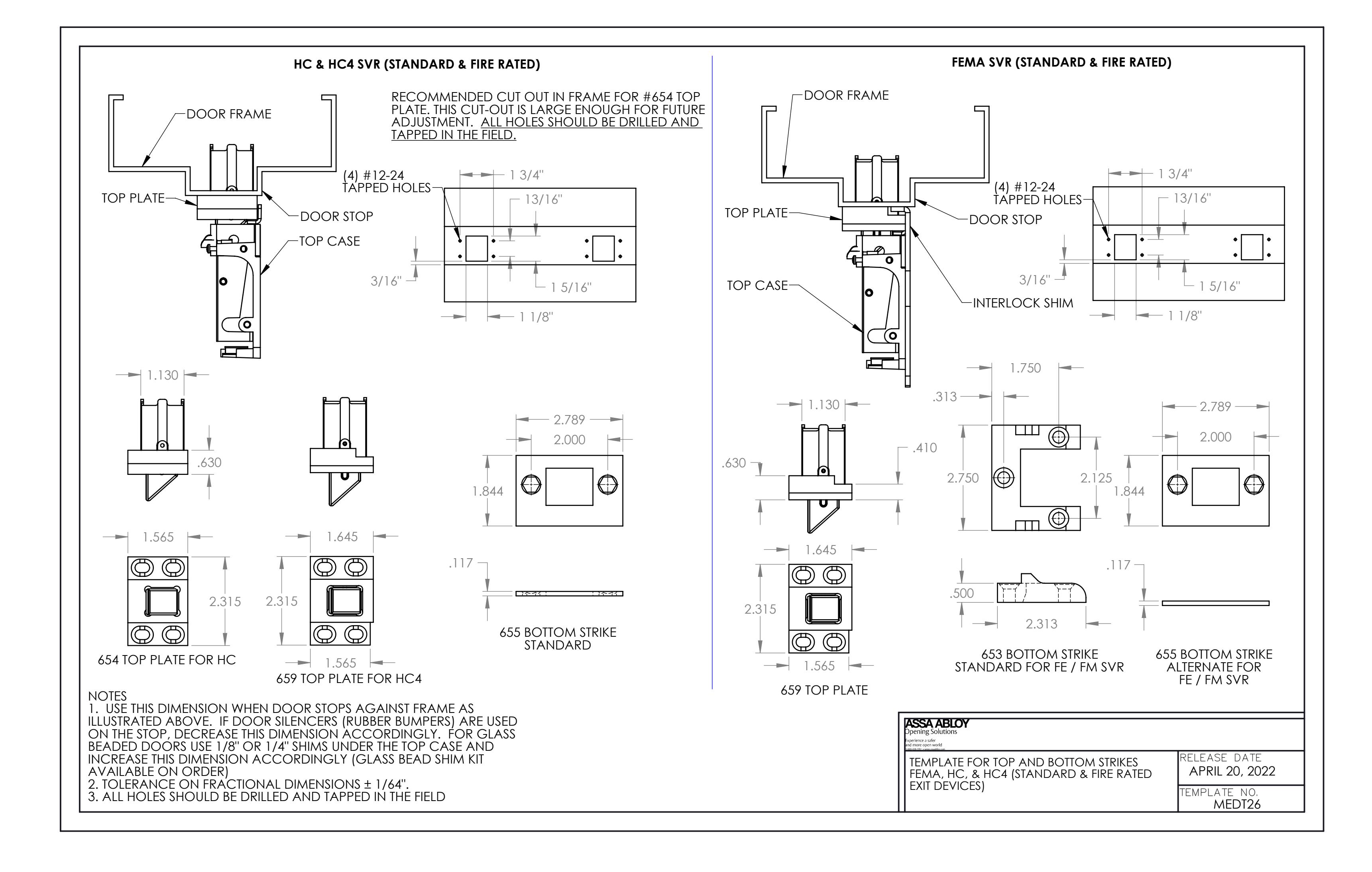 Corbin Russwin PED5400(A) HC, HC4 and FE and SARGENT HC- HC4- and FM- (12-)PE8700 Template for 654, 659 Top and 6…_MEDT26 dia