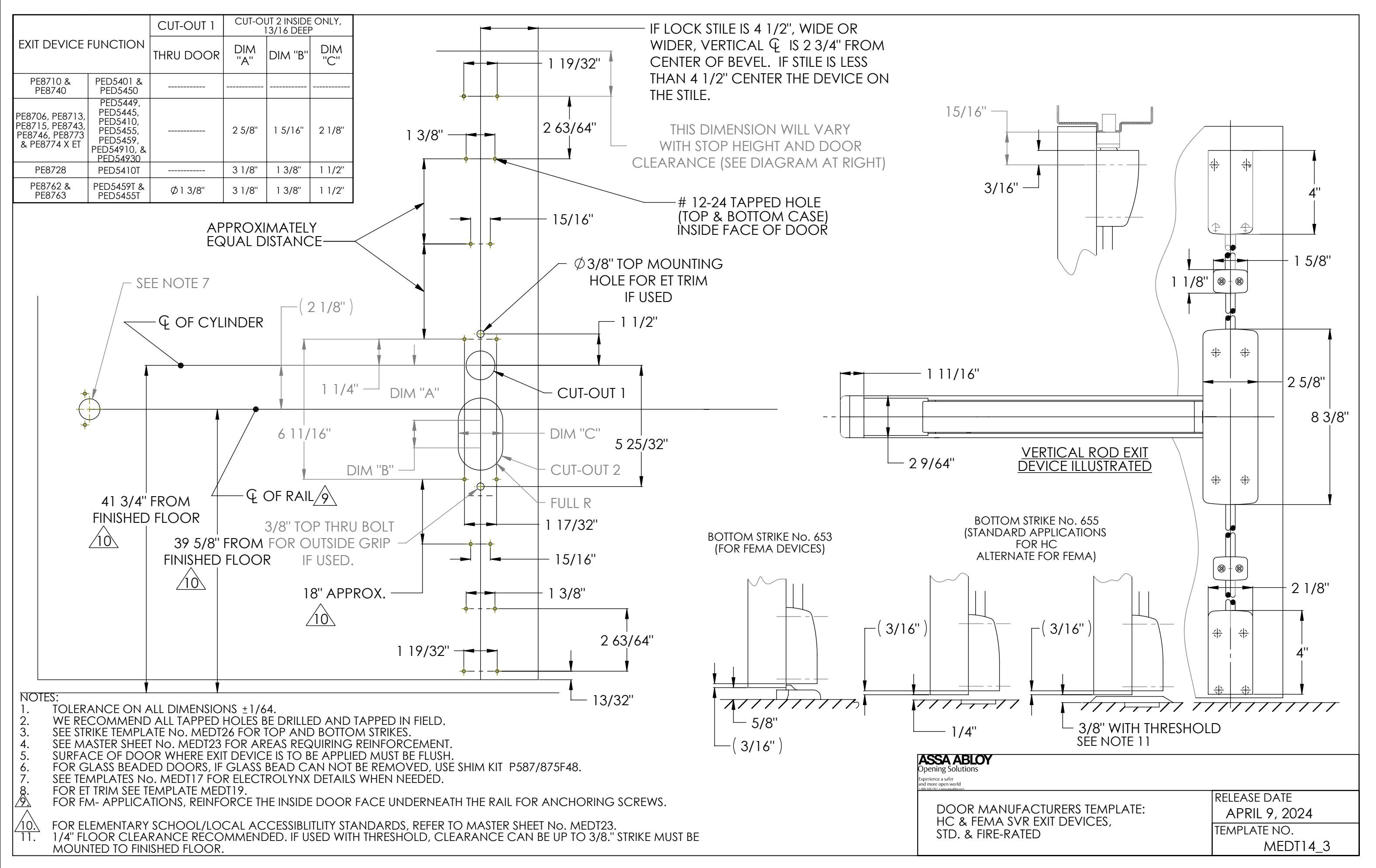 Corbin Russwin PED5400(A) HC and FE and SARGENT HC- and FM- (12-)PE8700 Wide Stile SVR Template_MEDT14 diagram on page 1