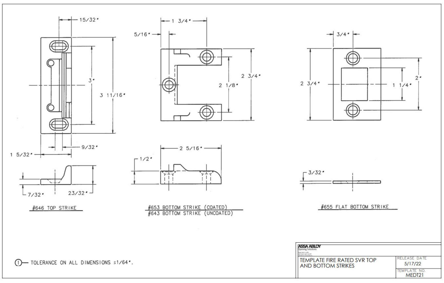 Corbin Russwin PED5400(A) and SARGENT (12-)PE8700 SVR Template for 646 Top and 643, 653, 655 Bottom Strikes_MEDT21 diagram on