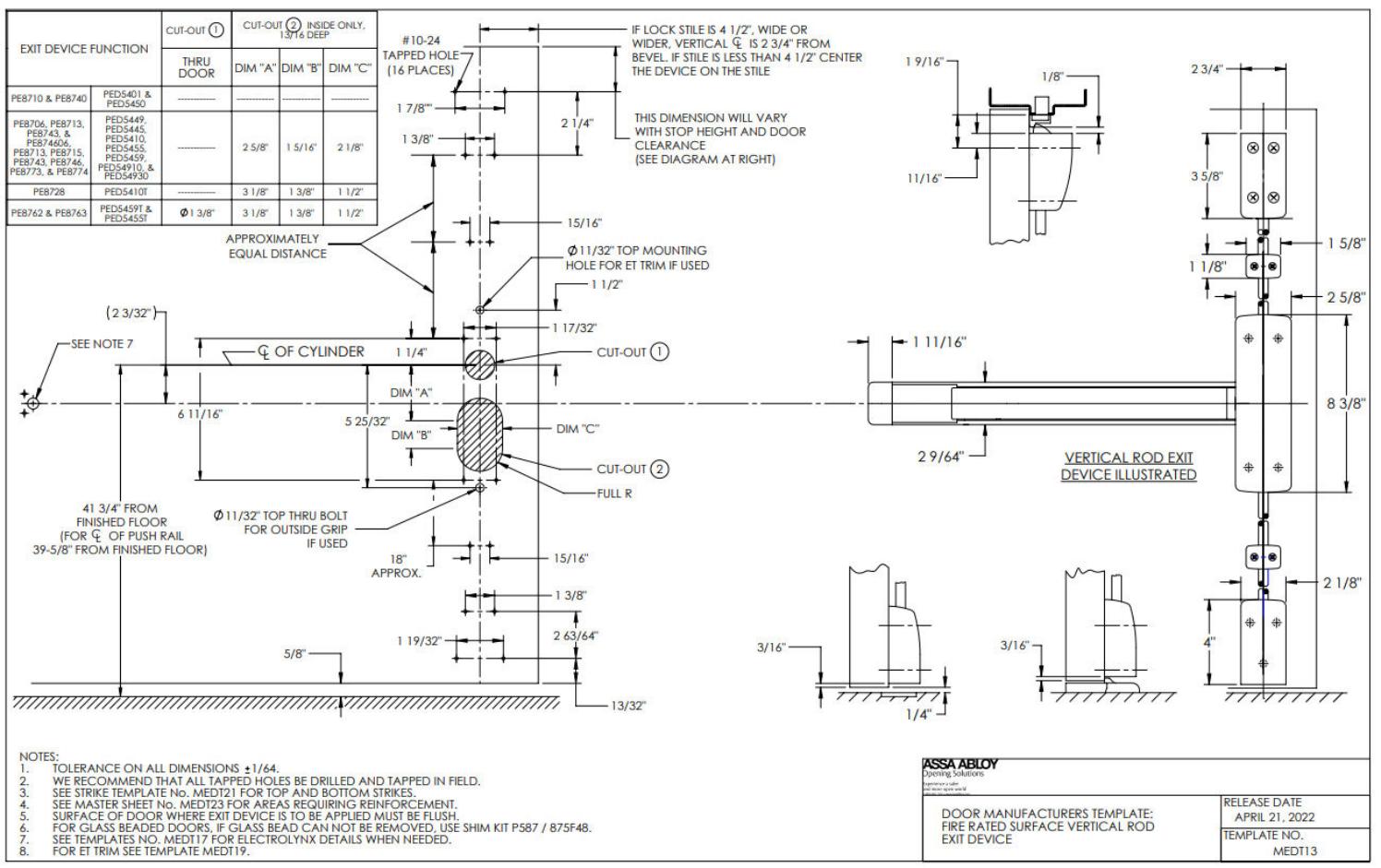 Corbin Russwin PED5400(A) and SARGENT (12-)PE8700 Wide Stile SVR Fire Rated Devices Template_MEDT13 diagram on page 1