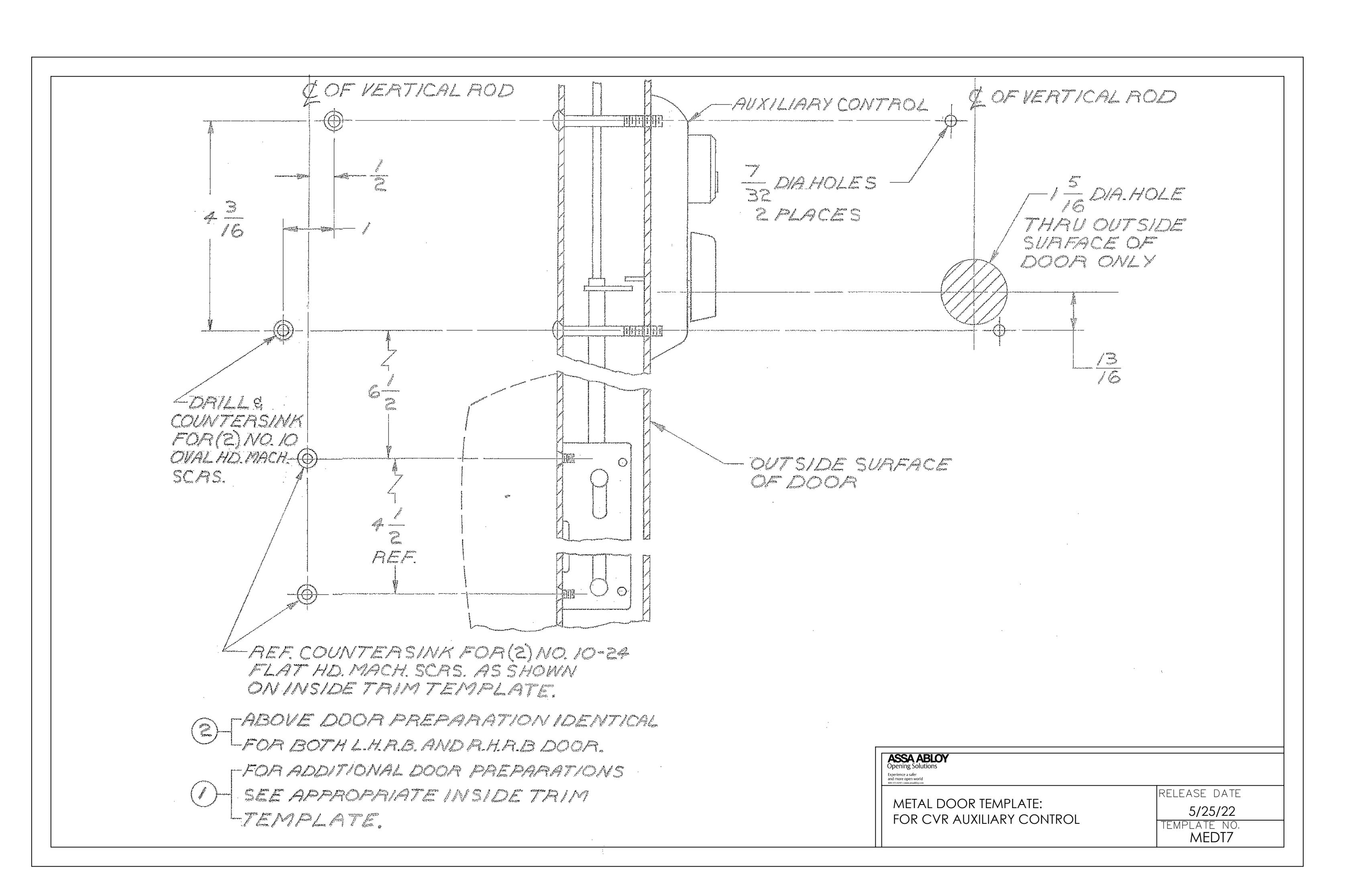 Corbin Russwin PED5800 and SARGENT PE8600 Wide Stile CVR for Metal Doors Auxiliary Control Template_MEDT7 diagram on page 1