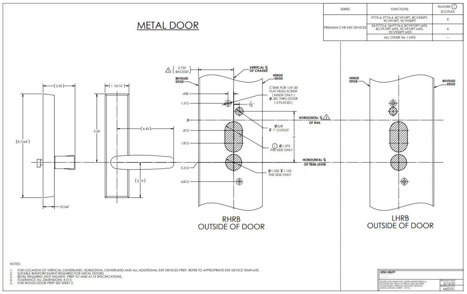 Corbin Russwin PED5800 and SARGENT PE8600 Wide Stile CVR for Wood and Metal Doors Narrow and Wide Style Trim Eco…_MEDT51 diag