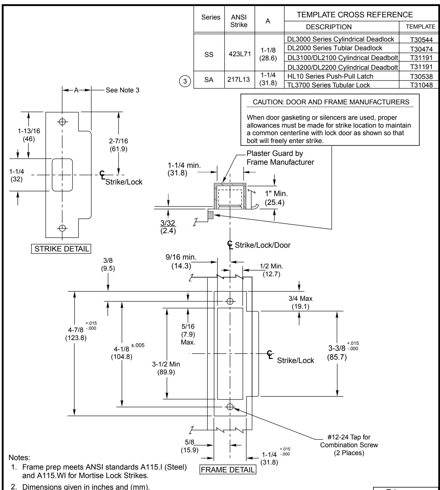 Corbin Russwin SA and SS Series ANSI Strike for DL2000, DL2100, DL2200, DL3000, DL3100, DL3200, TL3700, HL10 Ser…_T30543 diag