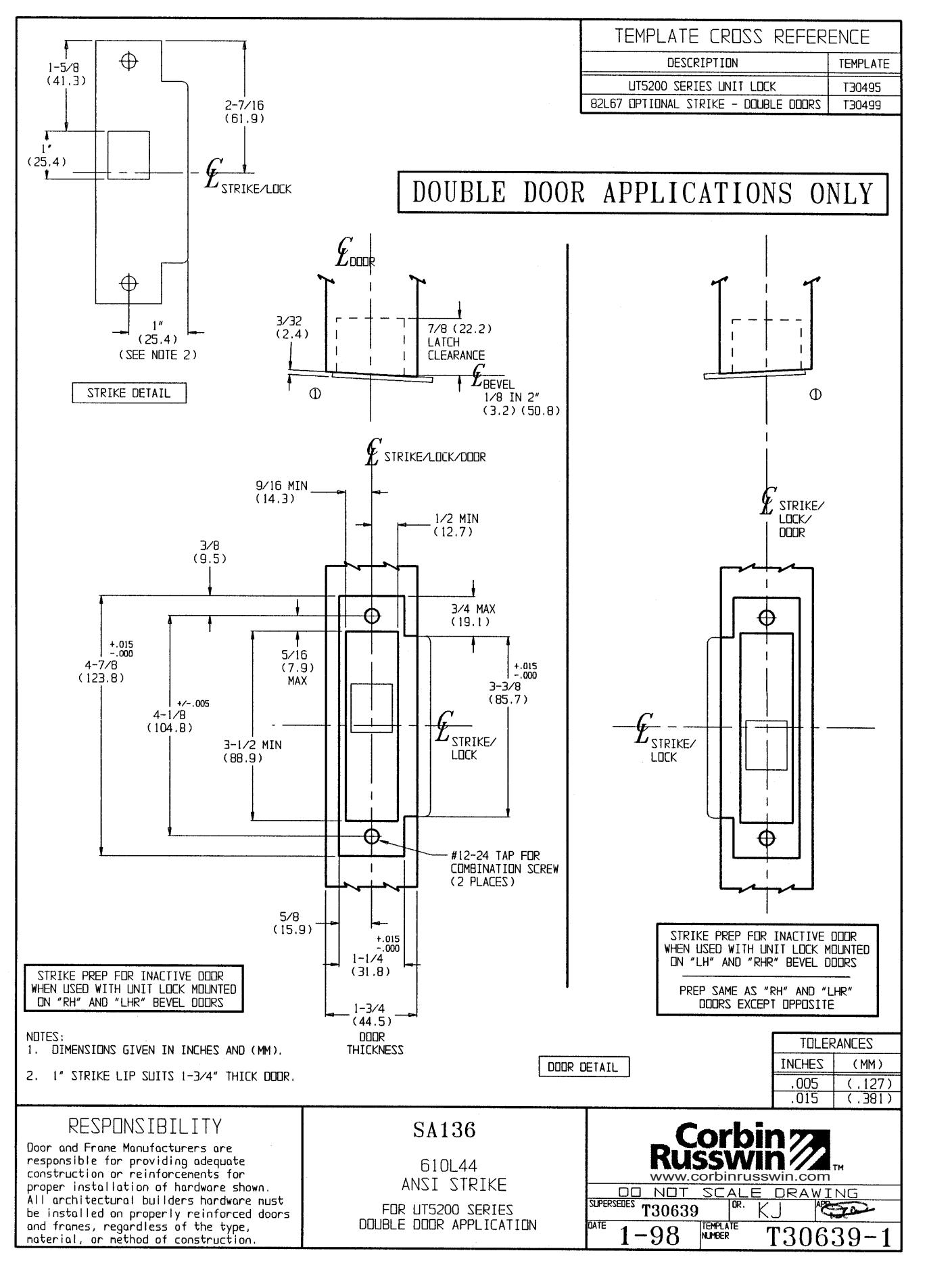 Corbin Russwin SA136 610L44 ANSI Strike for UT5200 Series Unit Locks Double Door Application Template_T30639 diagram on page 