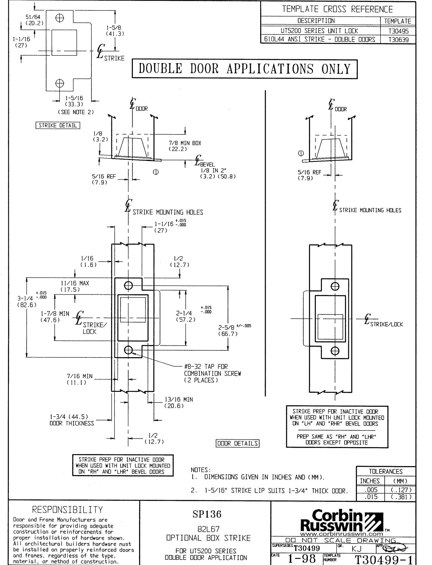 Corbin Russwin SP136 82L67 Optional Box Strike for UT5200 Series Unit Locks Double Door Application Template_T30499 diagram o