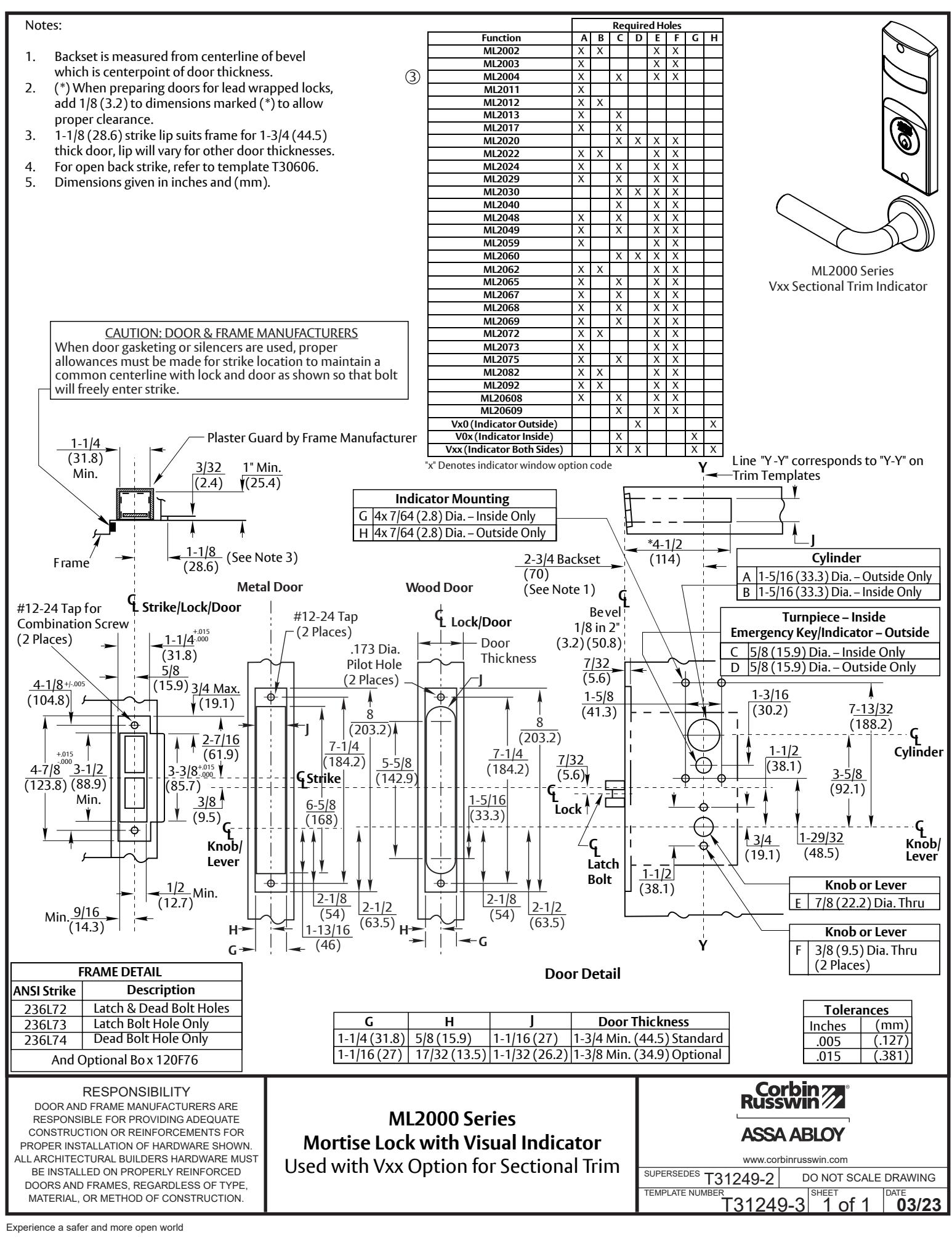 Corbin Russwin Status Indicator with Vxx Option for Sectional Trim for ML2000 Series Mortise Locks Template_T31249 diagram on